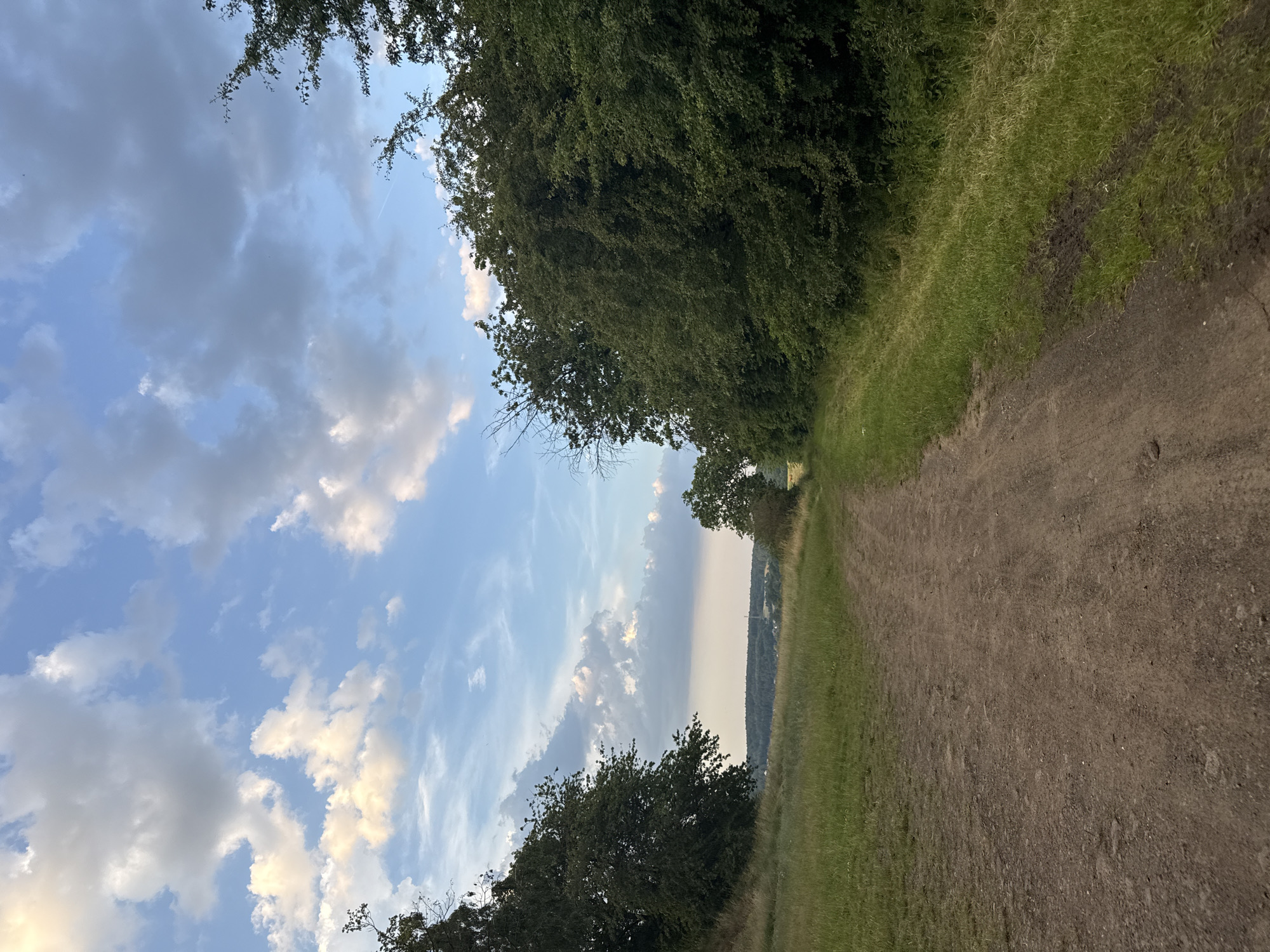 The image depicts a dirt path leading through a grassy field, bordered by lush green trees on either side. The sky above is a mix of blue and white clouds, with hints of sunlight illuminating the scene. In the distance, a treeline and a faint structure are visible against the horizon. The overall impression is one of a natural, rural landscape, potentially in the vicinity of Beltershain, Germany, given the provided context. There are no people or specific actions captured in the image; it is a static landscape scene.