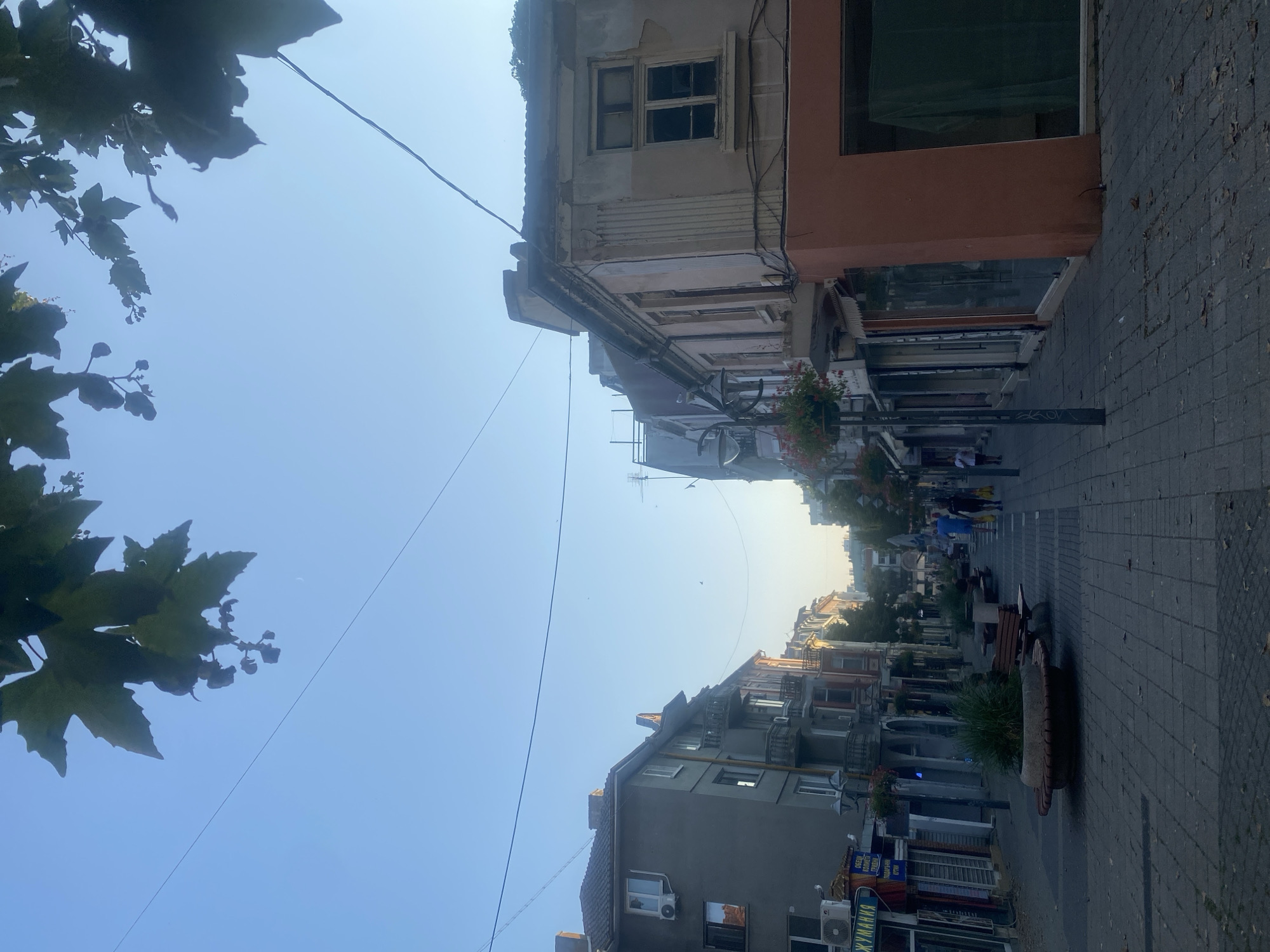 The image depicts a street scene in Burgas, Bulgaria, likely a pedestrian zone, with buildings lining both sides. The architecture features a mix of older, weathered facades and more modern, gray apartment blocks. The street is paved with square tiles and features several planters with greenery and benches. There are a few people walking in the distance, including two men in casual clothing. Overhead, power lines are visible, and in the foreground, the leaves of a tree overhang the frame. The sky is clear and blue, suggesting it is daytime. The overall atmosphere is calm and slightly overcast.