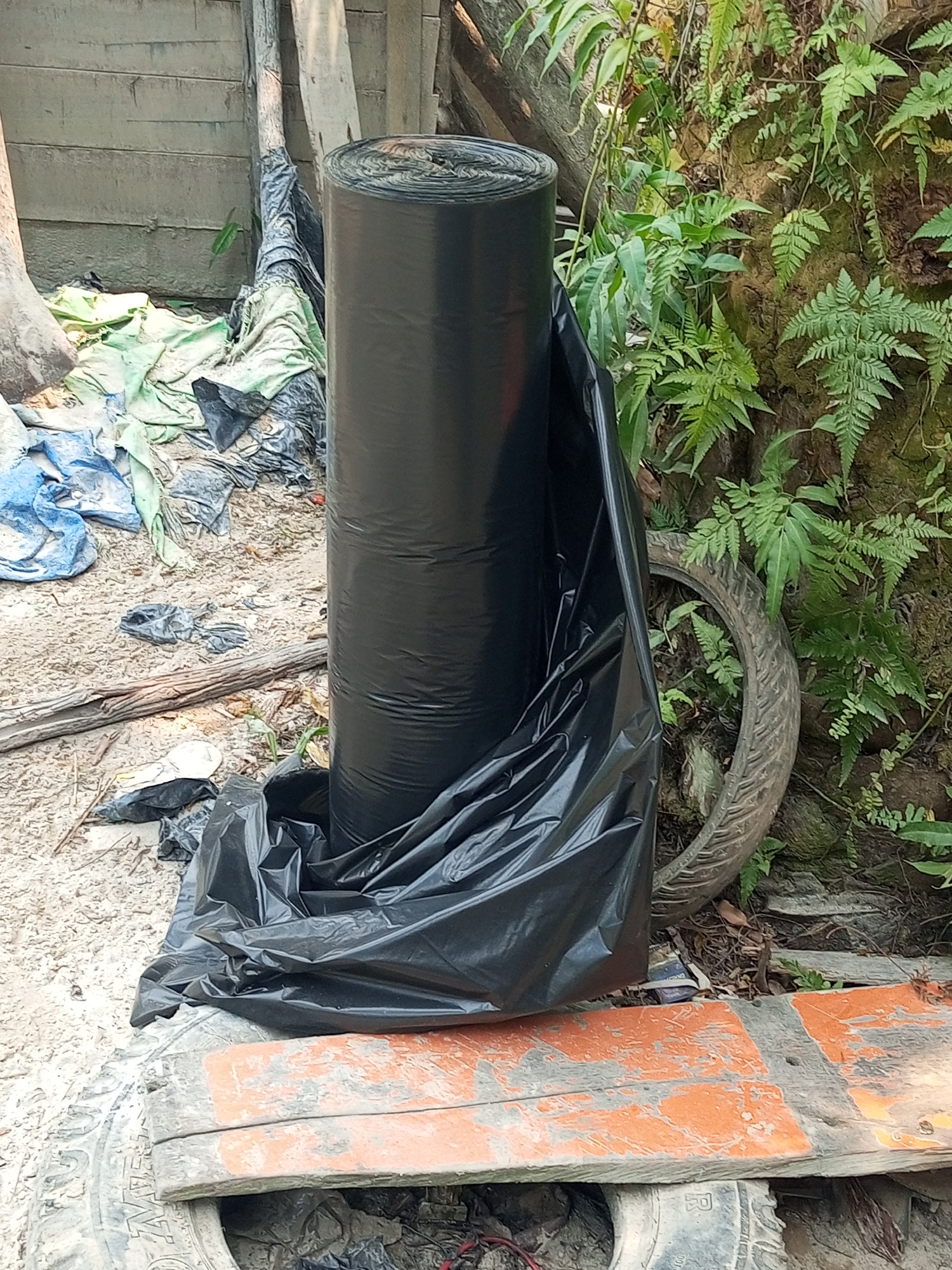 In a cluttered outdoor environment, possibly in Keling Panggau, Indonesia, a large roll of black plastic sheeting dominates the scene. The sheeting is partially unfurled, creating a dark, draped form that spills onto the ground. The ground itself is a mix of dirt, debris, and discarded materials, including scattered blue and green tarps, a weathered wooden plank with orange paint, and what appears to be a motorcycle tire. Behind the plastic roll, lush green ferns and other vegetation grow against a textured, rocky surface, suggesting a natural embankment or wall. The overall impression is one of disarray and a temporary staging area for construction or landscaping materials.