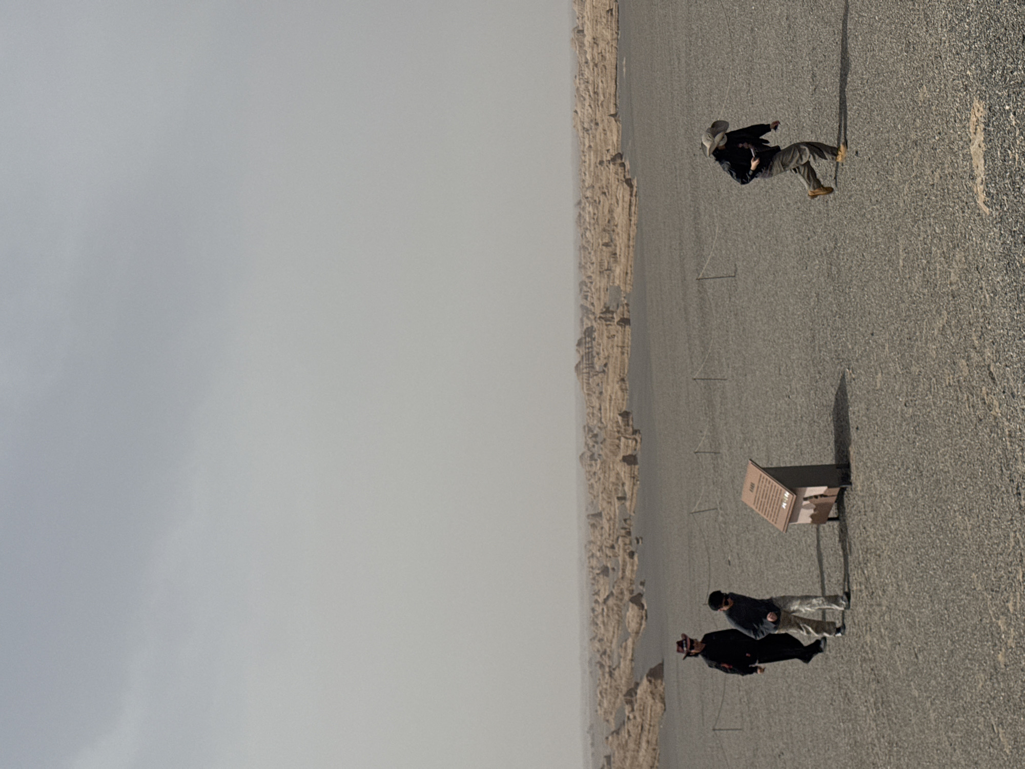 This image captures a vast, arid landscape in Dunhuang City, China, under a hazy, light grey sky. The scene is depicted from a low vantage point, showcasing a flat, gravelly or sandy terrain in the foreground and mid-ground. Along the distant horizon, a long, low ridge of eroded rock formations, characteristic of a yardang landform, extends across the frame.
Three individuals are present on the ground. To the right, a person wearing a cowboy hat, dark jacket, light pants, and boots is seen mid-stride, walking from right to left. They cast a distinct, elongated shadow behind them. Further left, two other people stand near an upright, rectangular brown information sign. One individual wears a dark shirt and light pants, while the other is dressed in a dark jacket or shirt, dark pants, and a hat. Their shadows are also clearly visible on the gravelly ground.
The information sign has multiple lines of text, likely in Chinese, though the specific content is illegible. Faint lines of string or rope barriers, held by small posts, can be seen along the ground, possibly marking a designated path or boundary. The clear, elongated shadows suggest either early morning or late afternoon. The overall atmosphere is serene, highlighting the scale and natural beauty of the desert environment.