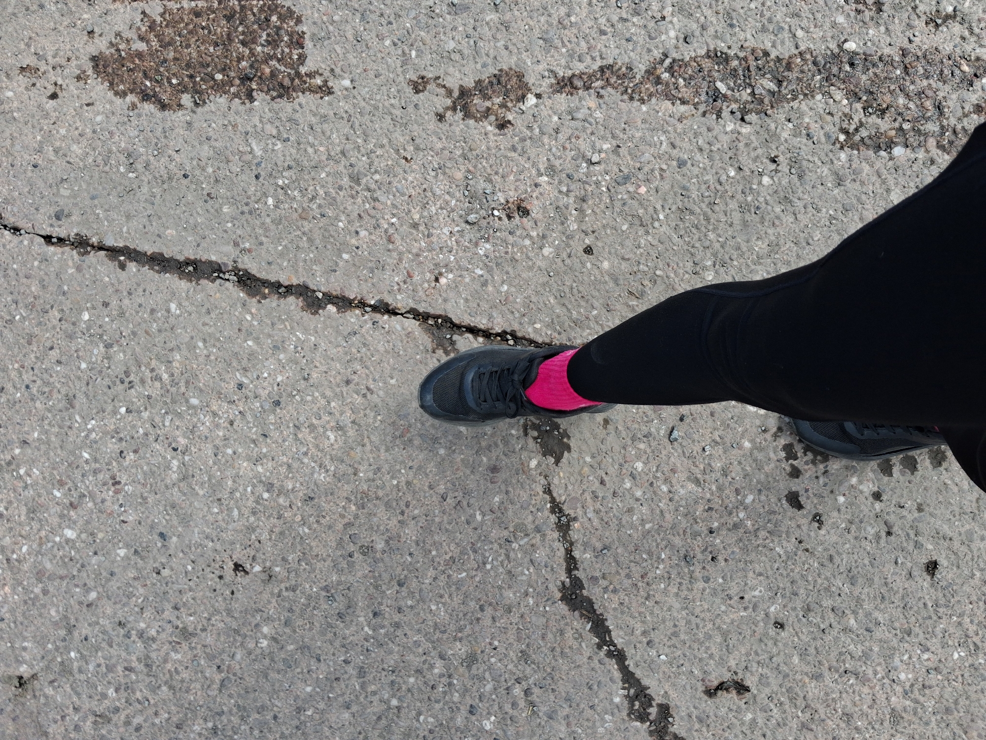A top-down view captures a person's lower extremities walking on a grey, coarse-grained paved surface in Stafford, United Kingdom. The visible attire includes black athletic leggings, dark grey or black athletic shoes with visible laces, and bright fuchsia socks. The pavement, consistent with exposed aggregate concrete or asphalt, features a prominent, dark, sinuous crack running from the upper left to the lower right, with a branch extending towards the mid-left. Multiple irregular dark stains or wet patches are distributed across the surface, particularly in the mid-right section.