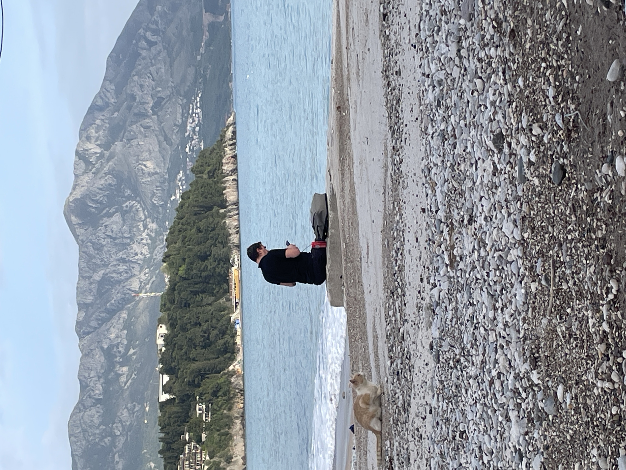 The image captures a scene in Budva, Montenegro. A man dressed in black stands on a concrete wall along the beach, looking at a phone. A sandy-colored cat stands near the edge of the wall, looking up. The beach is covered with pebbles. To the left, the Adriatic Sea stretches out. Behind the sea is a tree covered mountains, with some buildings among the trees and the base of the mountain. The sky is overcast.