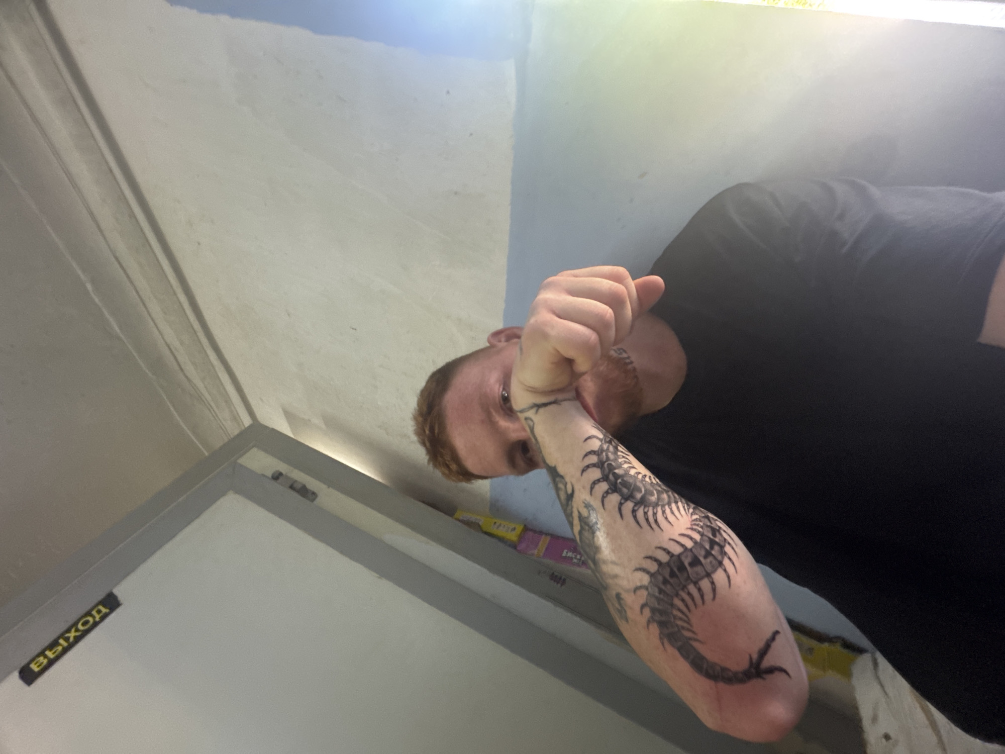 A close-up, low-angle, self-taken photograph shows a fair-skinned male with short, reddish-brown hair and a beard, wearing a black t-shirt. The subject is positioned in the center of the frame, with his right arm extended towards the camera, obscuring part of his face. His fist is clenched and pressed against his cheek. The subject has a large, black tattoo of a centipede extending along his forearm.
The background consists of a wall painted in a rough, textured finish, with a lighter grey section on the left and a blue section on the right. A doorway or frame with a grey border is visible on the left side of the image, with a yellow and black sign bearing the Russian word "ВЫХОД" (EXIT) attached to it. The lighting appears to be artificial, with a bright, possibly natural, light source illuminating the right side of the scene, creating a glare. The overall environment appears to be indoors, possibly a corridor or a utilitarian space.