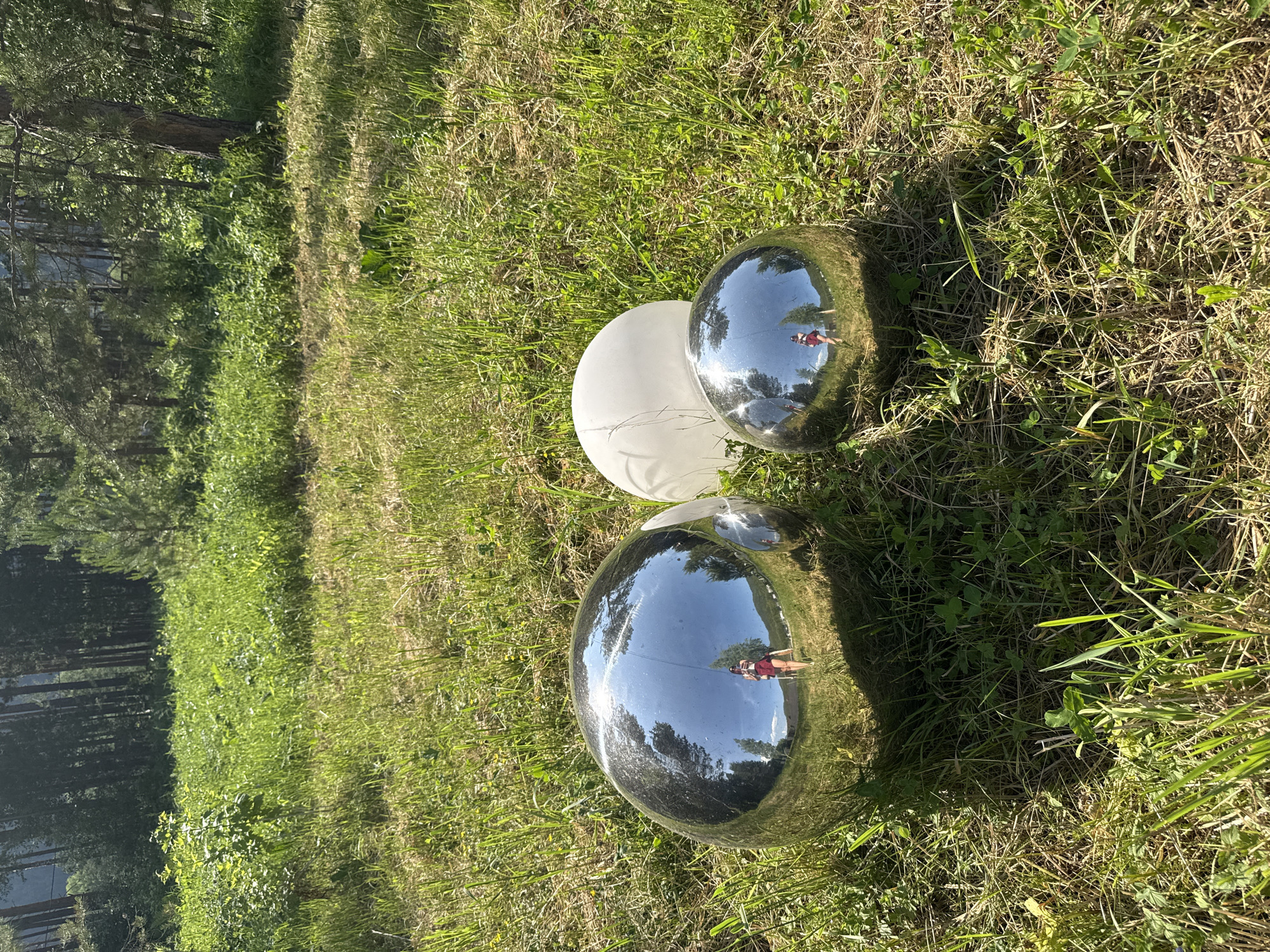 Three spherical objects, two metallic and one translucent white, are placed on a grassy area in Ust'-Muny, Russia. The metallic spheres are reflective, capturing the surrounding environment, including trees and a person wearing a red outfit. The translucent sphere is positioned behind the larger metallic sphere, partially obscuring it. The scene is outdoors, with a background of dense forest and a bright sky.