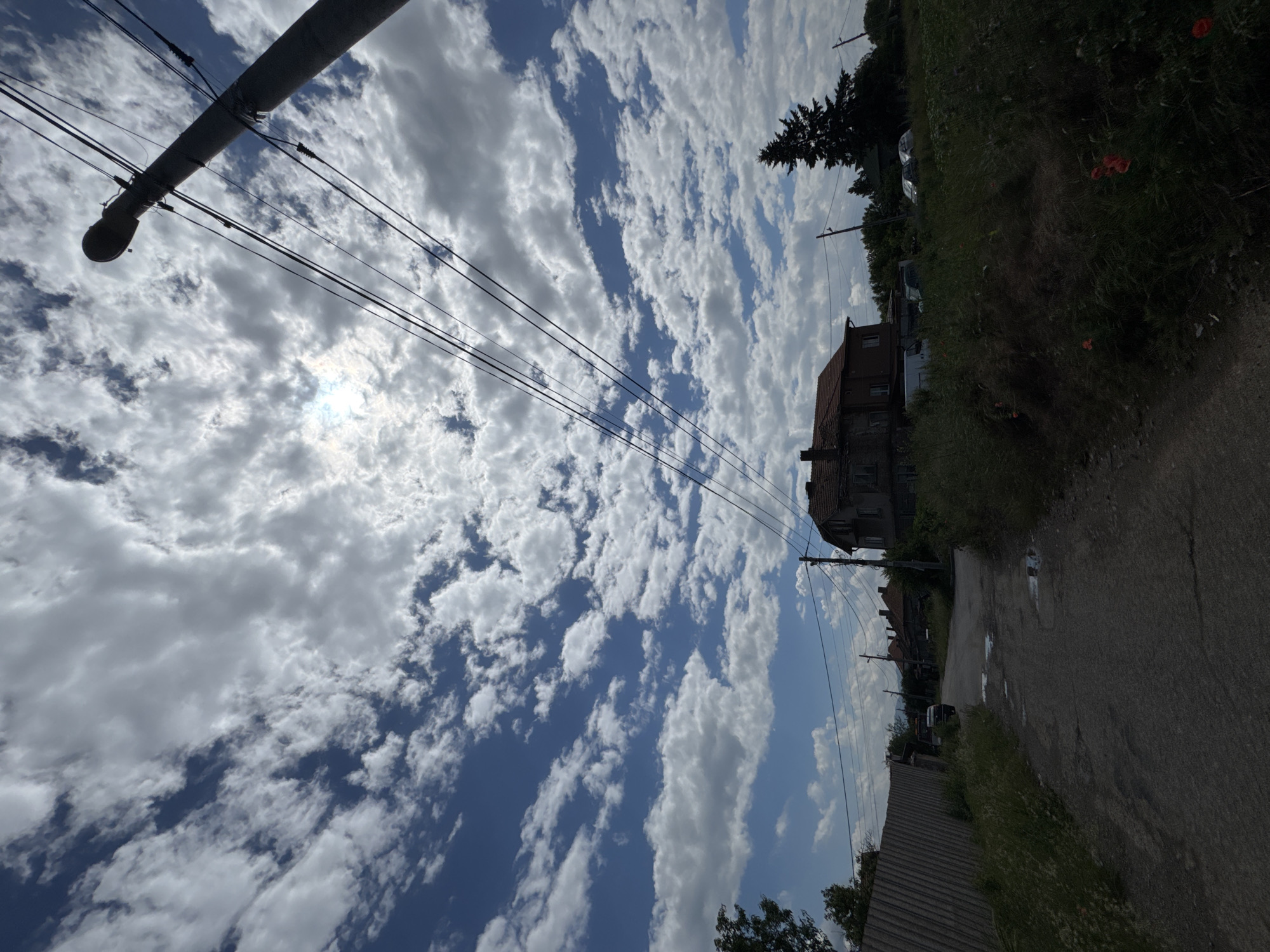 The image displays a daytime rural or semi-rural scene, taken with a rotated perspective, revealing a vast sky filled with white clouds against patches of blue. The sky dominates the upper and central portions of the frame, featuring numerous streaky, altocumulus-like clouds. The sun is visible as a bright, partially obscured orb through thinner clouds in the mid-left of the sky.
A dark, cylindrical utility pole extends diagonally from the top-left, featuring a downward-pointing light fixture. Several black utility wires stretch across the upper and middle sections of the image, originating from this pole.
On the right side of the image, a dirt or gravel road, possibly wet with puddles, recedes into the distance. The road is bordered by lush green grass, weeds, and some red flowers, likely poppies, in the foreground. Several buildings are visible along the road. A prominent, older-looking building with a reddish-brown tiled roof and windows stands on the mid-right. Other structures are partially visible further in the background, nestled among trees and dense vegetation. A tall, dark coniferous tree stands near the main building on the right. The gray, corrugated roof of another building is visible in the bottom part of the image.
The scene is devoid of explicit human activity, suggesting a tranquil moment in a village or small town, consistent with the provided location of Yana, Bulgaria. The bright light indicates it is daytime, likely a sunny but partly cloudy day. No visible text is present in the image.