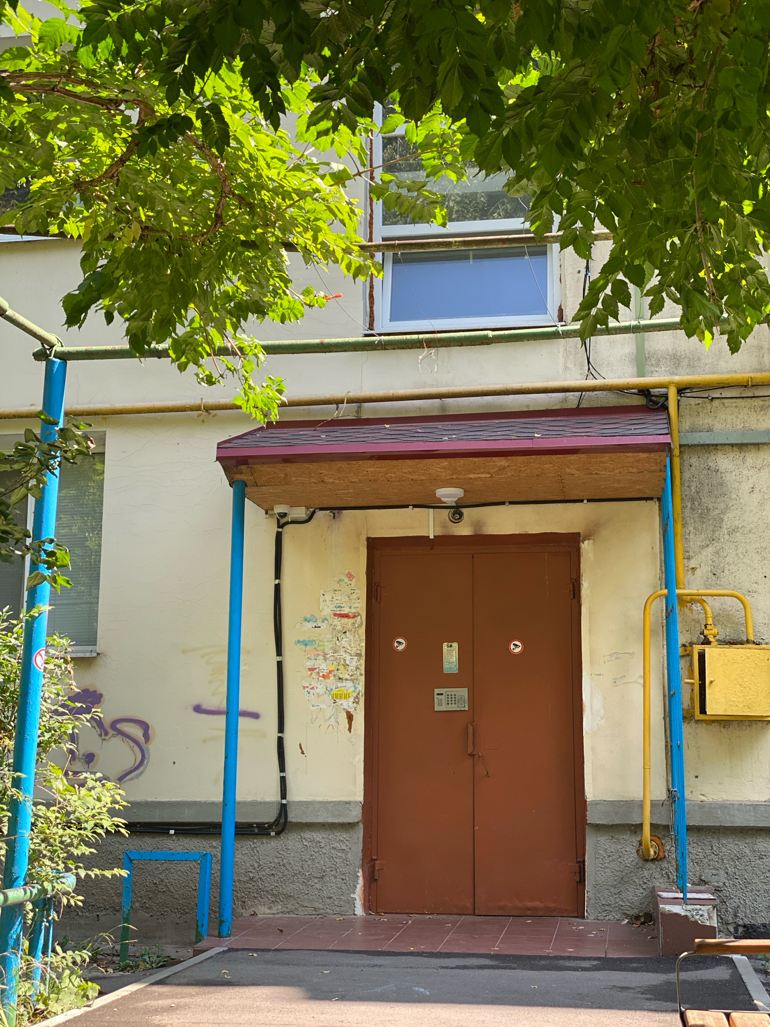 A residential building entrance in Chișinău, Moldova, features a double brown door with an intercom system. Above the door, a small awning with a shingled roof is supported by blue poles. A security camera is mounted on the awning. Yellow gas pipes run vertically along the building's cream-colored facade, with one pipe leading to a yellow gas meter box on the right. The lower portion of the building is covered in a textured grey material. Graffiti in purple is visible on the wall to the left of the entrance, above a blue metal railing. Lush green foliage from trees overhangs the scene from above, casting shadows. The ground in front of the entrance is paved with dark tiles.