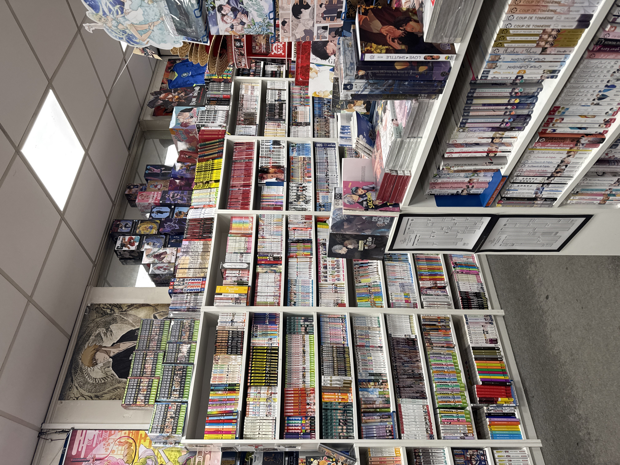 The image depicts the interior of a manga and anime shop located in Lille, France, likely the "Otaku Store" as indicated by signage on some of the books. The shop is filled with shelves packed with manga volumes, arranged in meticulously organized rows. Several posters featuring anime characters, including a prominent one of Ichigo Kurosaki from Bleach, adorn the walls. Various anime figurines and merchandise are also visible, displayed on shelves and in display cases. The lighting suggests an indoor environment, possibly with fluorescent ceiling lights. The overall impression is of a well-stocked retail space catering to fans of Japanese popular culture.