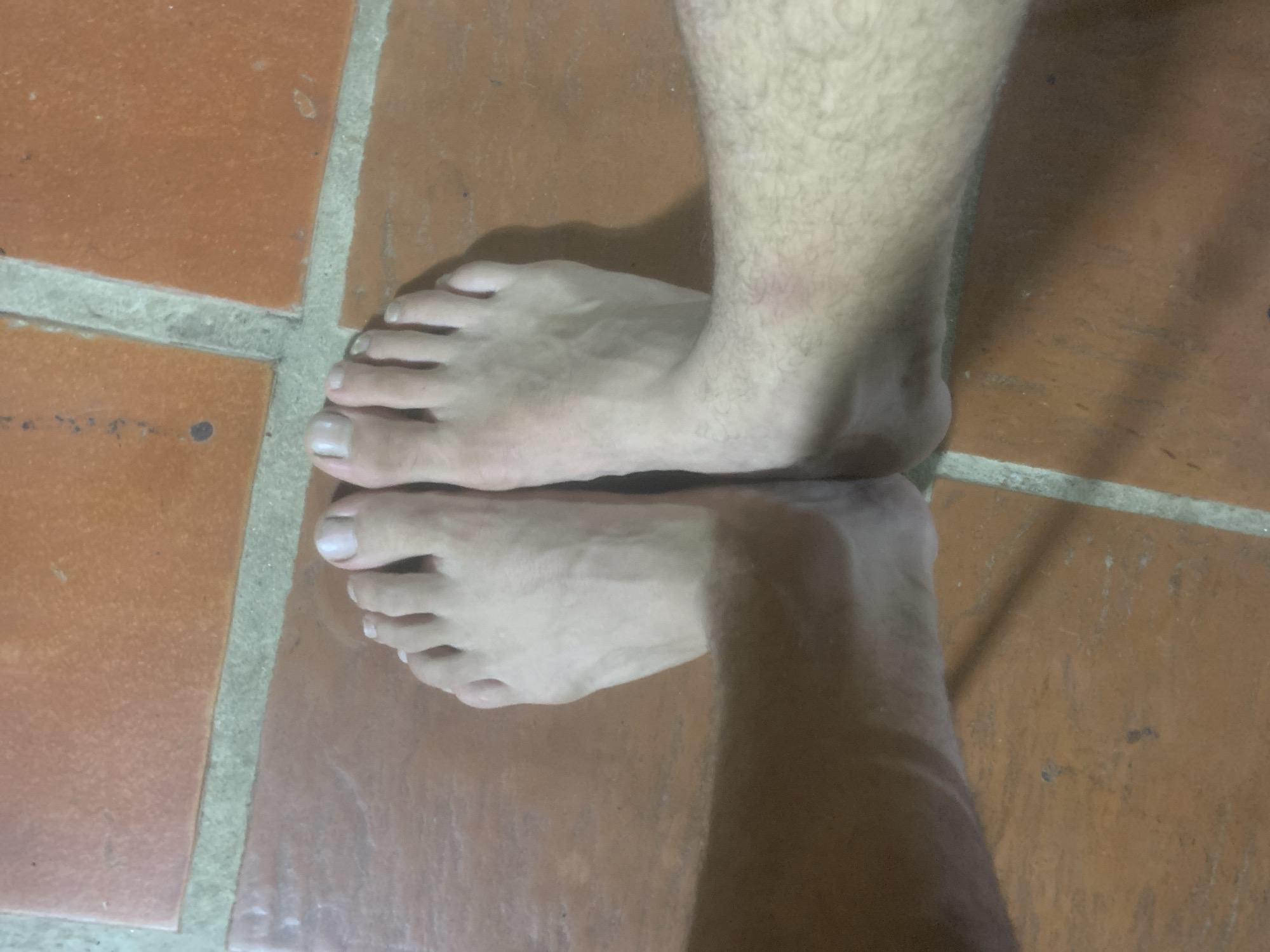 The image shows a close-up, overhead view of two bare feet standing on a tiled floor. The tiles are a reddish-brown color, arranged in a grid pattern with light gray grout lines. The feet are facing forward, with the toes slightly spread. The skin on the feet appears pale, and there is light hair visible on the lower legs. The lighting suggests an indoor or covered outdoor setting, with shadows cast on the tiles. The location in the city of Pedro González, Venezuela, is not visually evident from the image itself; this is external information.