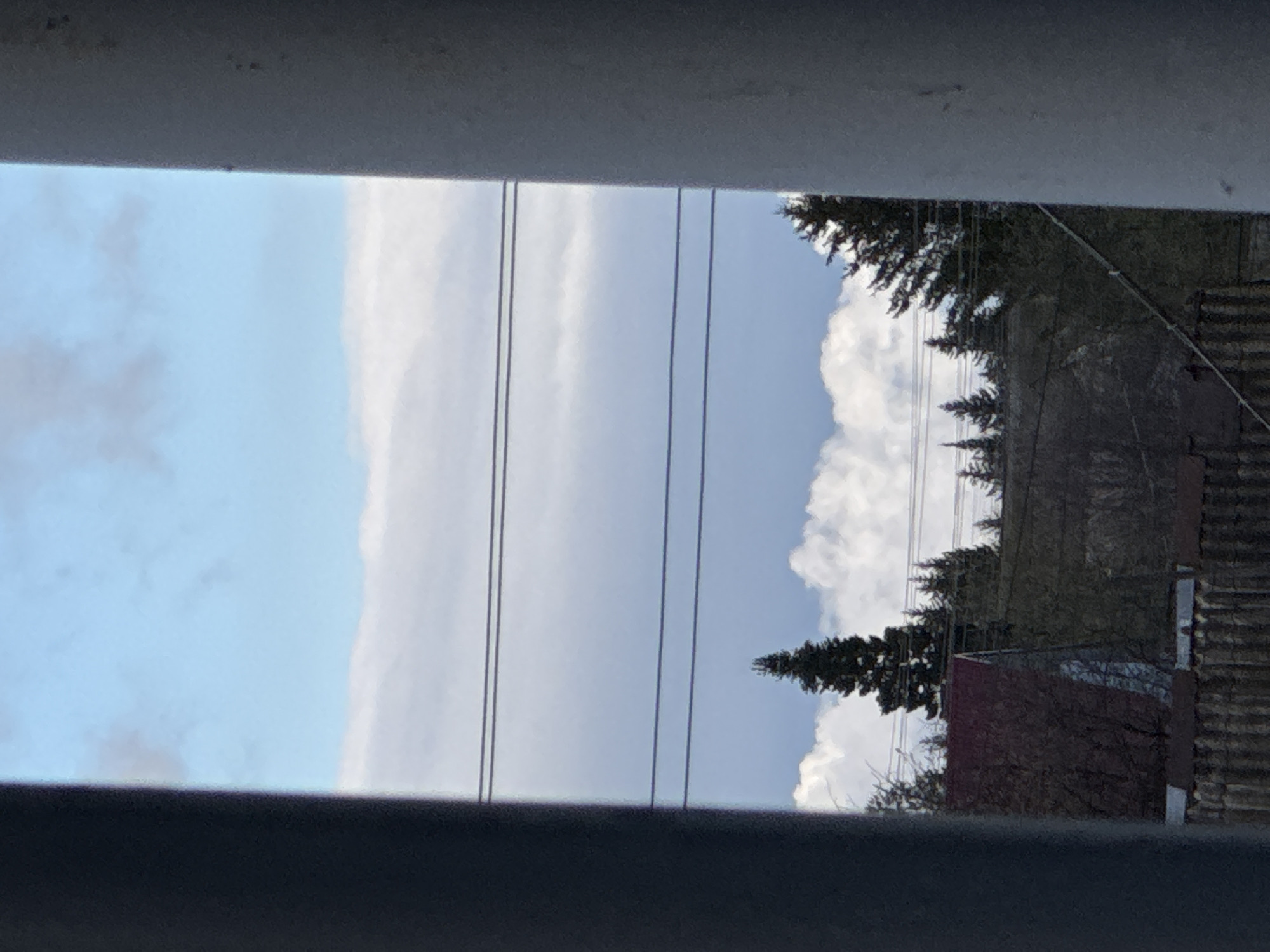 The image displays an outdoor scene, likely a landscape viewed through a horizontal aperture, such as a window frame, which appears as dark, out-of-focus bars at the top and bottom of the picture. The scene itself is rotated 90 degrees counter-clockwise.
The left side of the frame is dominated by a bright blue sky, with soft, light grey clouds scattered near the far left. A distinct, long band of white stratiform clouds stretches horizontally across the sky from the left towards the center. Several dark, thin utility lines, possibly power or telephone lines, run parallel across the central sky.
Towards the right, the sky is a clearer blue, partially filled by a large, fluffy white cumulus cloud. Below this cloud and across the right half of the image, a dense line of dark green coniferous trees (pines or firs) forms a jagged silhouette against the sky, suggesting a forested hill or ridge.
In the bottom right corner, parts of human-made structures are visible: the peaked red roof of a building, possibly a house or shed, and a section of a corrugated metal roof or fence. The background behind the trees is an indistinct dark green, indicating further vegetation.
The scene depicts a peaceful daytime setting under a partly cloudy sky, with bright light suggesting fair weather. There are no people visible, nor any discernable text. The general setting suggests a semi-rural or suburban area in Oktyabrsky, Russia.