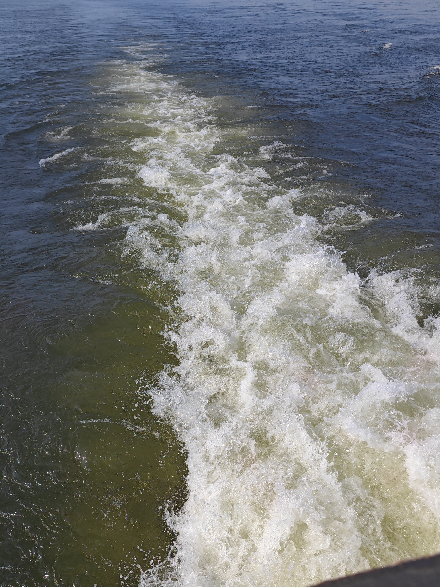 The image depicts a wake left by a moving boat on a body of water, likely a river or lake. The water is a mixture of murky green and deep blue, with a clear contrast between the undisturbed water and the churning, white foam of the wake. The wake extends into the distance, gradually dissipating. The scene suggests movement and forward momentum. There are no people, buildings, or specific landmarks visible that would indicate the location within the city of Potapovo, Russia. The focus is entirely on the dynamic nature of the water.