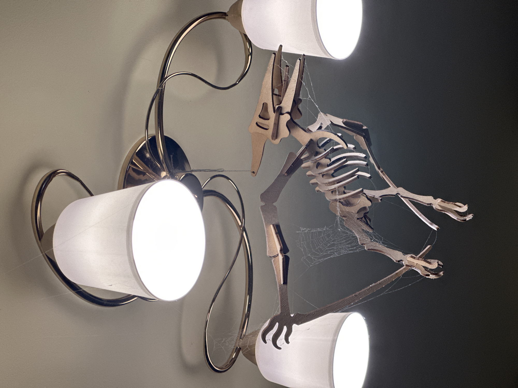 A low-angle shot depicts a three-bulb chandelier mounted on a wall, with a wooden dinosaur skeleton positioned within the fixture. The chandelier features a gold-colored metal framework with curved arms supporting cylindrical white lampshades. A toy dinosaur skeleton, assembled from wooden components, is suspended among the light bulbs, entangled with cobwebs. The wall behind the chandelier has a gradient from a lighter shade on the left to a darker shade on the right. The location, Chaikovsky, Russia, cannot be verified from this image alone.