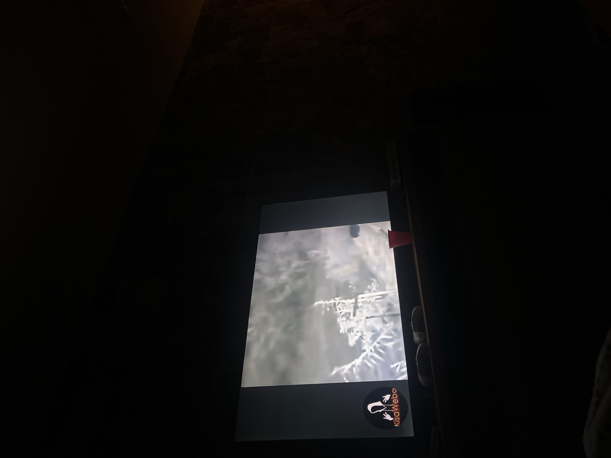 A person is holding a tablet in a dark environment. The tablet screen displays a grayscale image of what appears to be a frosted or snowy tree or plant. A logo for "KisaWebo" is visible at the bottom of the tablet screen. There is a small red marker or sticker adhered to the top-right edge of the tablet. The surrounding environment appears to be a dimly lit room, with textures suggestive of a wall or surface above and to the left of the tablet. Parts of the person’s clothes can be seen on the right. The specific location in El Oasis Valsequillo, Mexico, cannot be determined from the image.