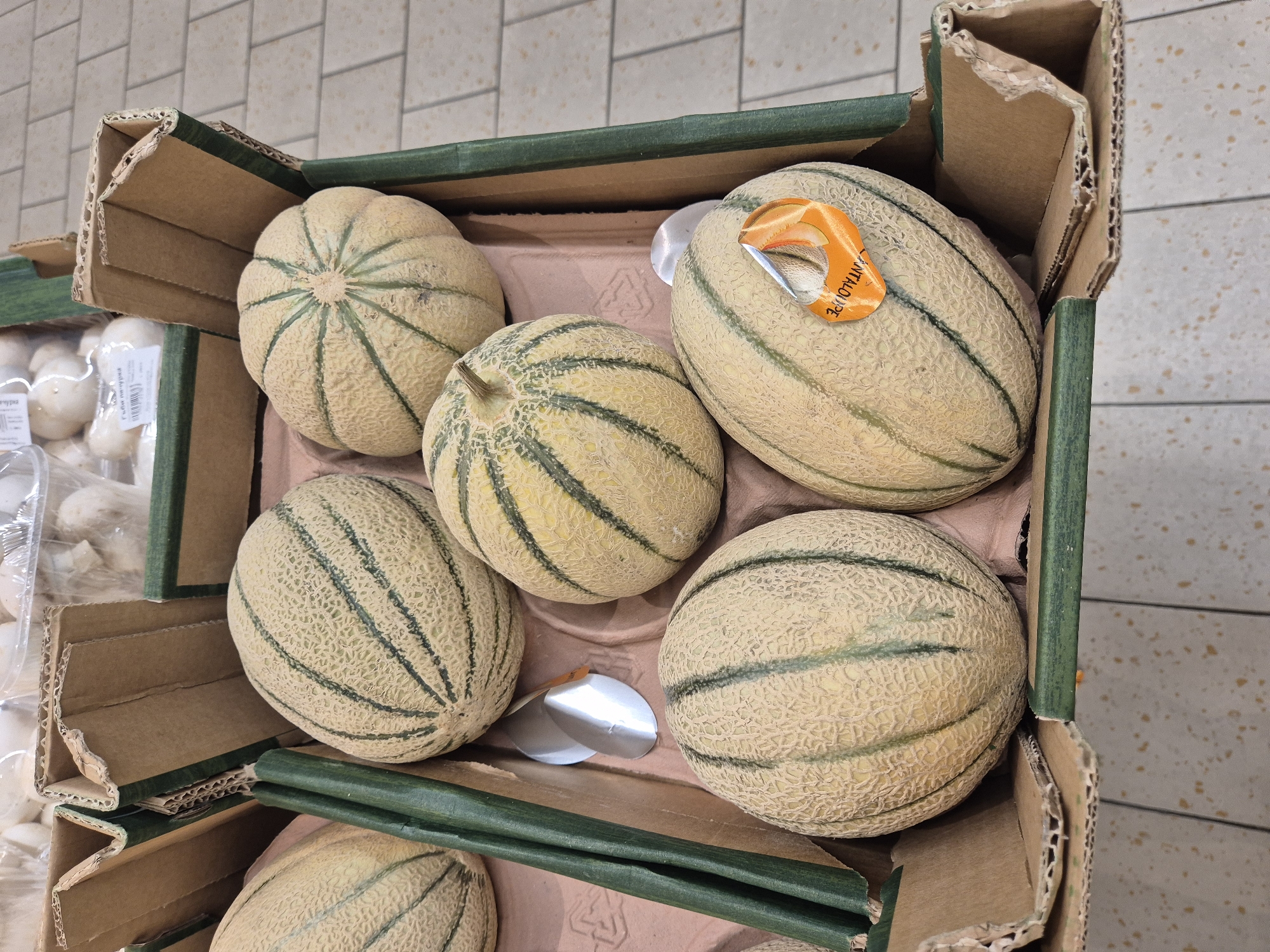 In a market stall in Unknown, Unknown, a cardboard box displays several cantaloupe melons. The box is green and brown and contains at least five melons. One melon, positioned towards the front right, has an orange sticker that reads "CANTALOUP." The melons are ripe and have a net-like rind with green stripes. In the background, other produce in plastic packaging is visible, along with light-colored tiled flooring.