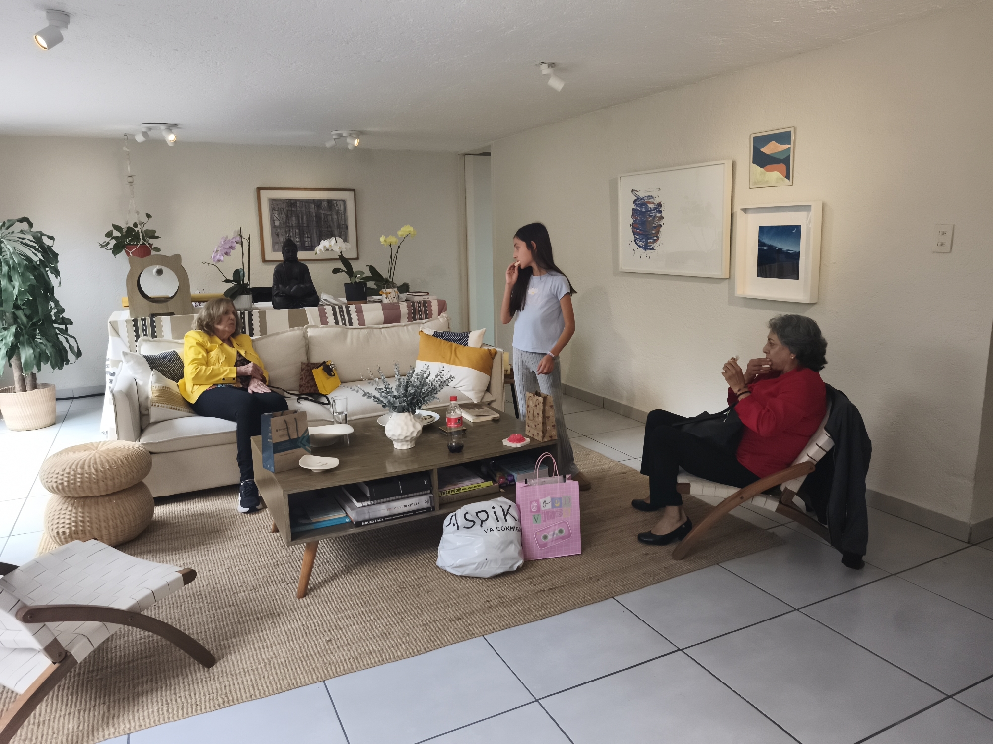 The interior scene depicts a room in Mexico City, Mexico, with three people present. An older woman sits on a cream-colored sofa wearing a yellow jacket and black pants, legs crossed. Another older woman, seated in a folding chair on the right side of the image, wears a red top and black pants, possibly smoking. A young girl stands between the two women, wearing a light blue t-shirt and gray pants. A coffee table sits in the center of the room holding a vase of flowers, a Coca-Cola bottle, and other items. Shopping bags are on the floor next to the table. The room features white walls with framed artwork. Other details include a woven rug on the tiled floor, potted plants, and various decorative items on the shelves and surfaces.