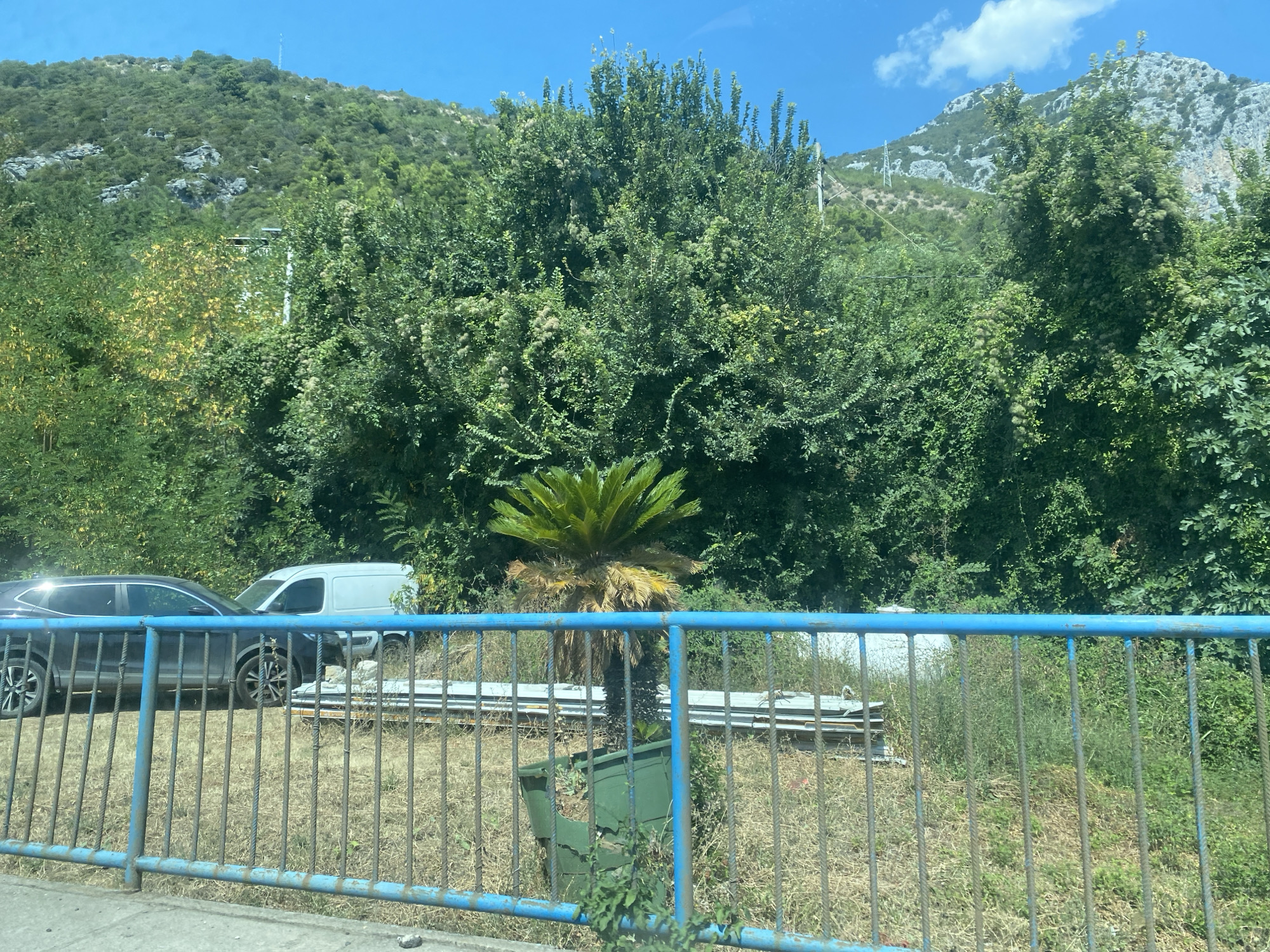 The image depicts a sunny outdoor scene in Sutomore, Montenegro, featuring a mountain range covered in lush green trees and vegetation in the background. In the midground, a blue metal fence runs horizontally across the frame, separating the foreground from the scene behind. Beyond the fence, there is a small palm tree in a green planter. To the left of the palm tree, a dark-colored SUV is parked next to a white van. Dry grass and some scattered debris are visible on the ground behind the fence. The sky is clear and blue with a few white clouds. The overall impression is that of a roadside view in a Mediterranean climate.