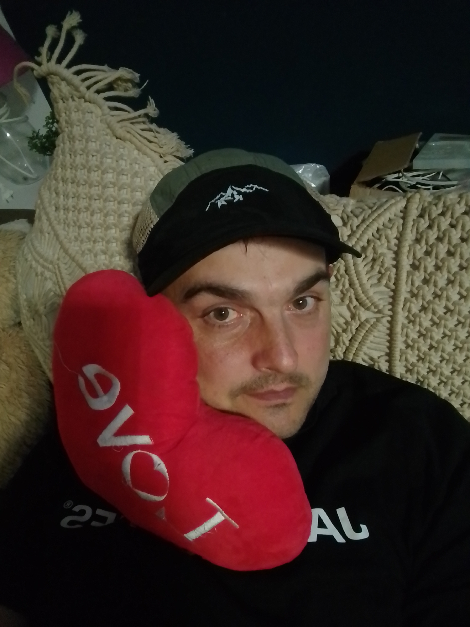 A medium shot captures a man holding a red, heart-shaped pillow against his face. He wears a black baseball cap with a green mesh back and a white embroidered logo. He is also wearing a black sweatshirt with white lettering on the chest. The man has brown eyes and a light mustache. He is seated on a cream-colored, textured couch, with a dark blue wall in the background. To the left of the man, a portion of a macrame wall hanging is visible. The man's right arm is bent, cradling the pillow. The scene appears to be indoors.