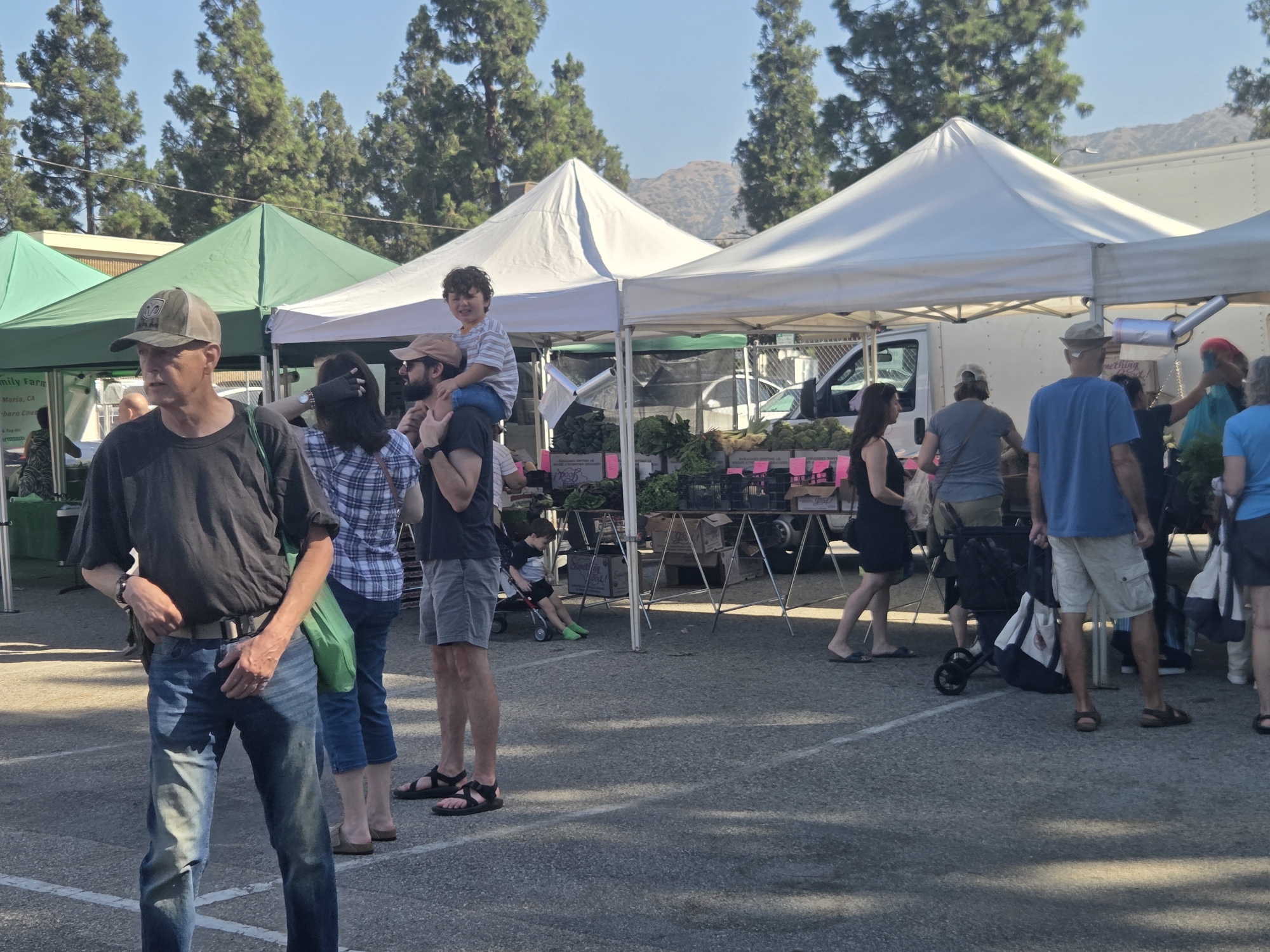 The image depicts an outdoor scene at a farmer's market, possibly in Burbank, United States of America, under a clear blue sky. Several white and green tents are set up, indicating vendor stalls. People are browsing and interacting at the market. In the foreground, a man wearing a dark t-shirt and blue jeans stands with his hand on his hip. To his left, a green tent is visible. Further back, a white tent is prominent, with a truck behind it. Several individuals are seen under the white tent, including a man carrying a child on his shoulders, and a woman in a black dress. Stalls display produce, and various shopping bags and carts are present. The ground is paved, with white lines marking parking or vendor spaces. In the background, trees and distant hills are visible. The overall atmosphere suggests a typical daytime community event.