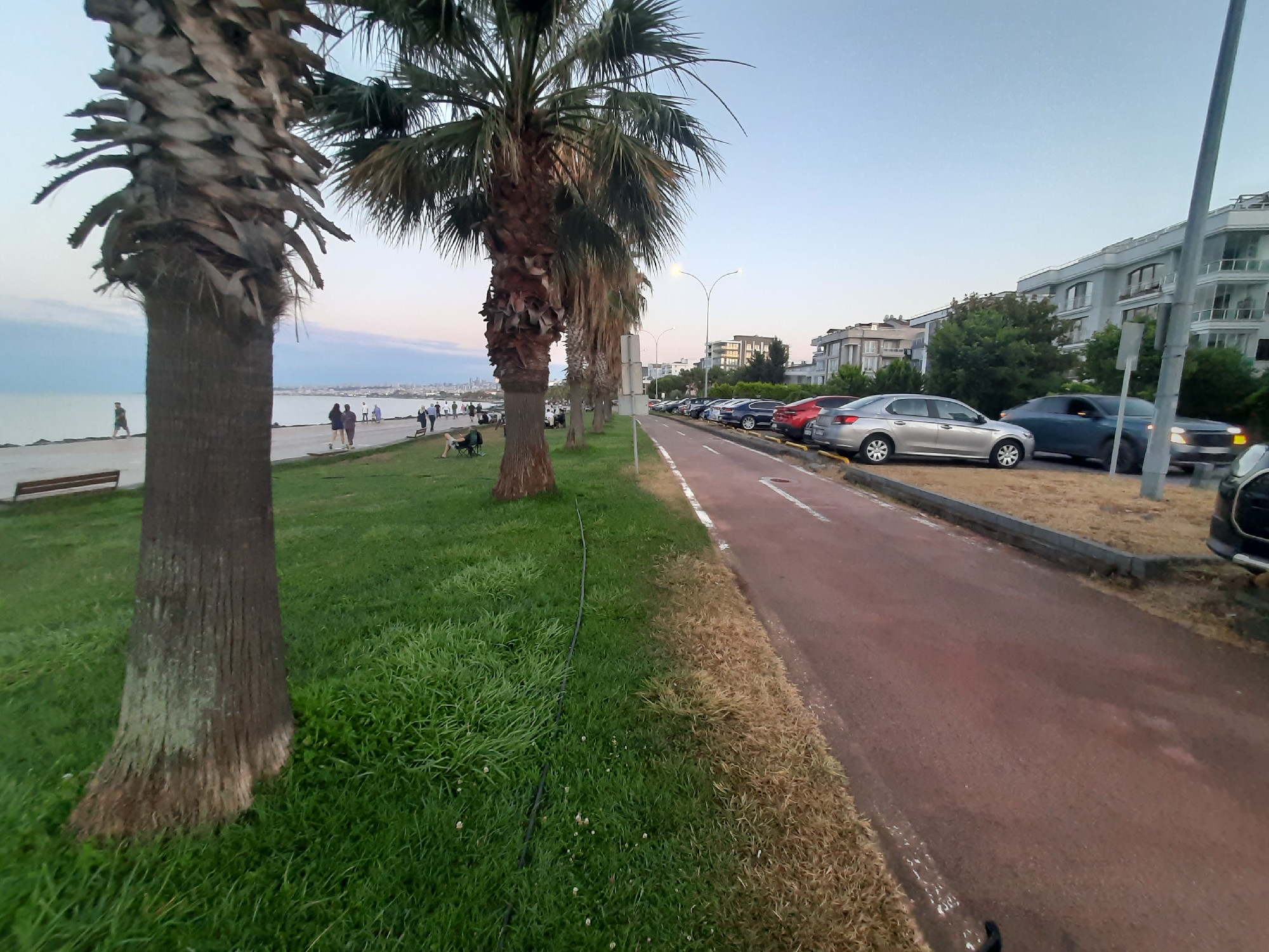 The image shows a scene in Atakum, Turkey, featuring a waterfront promenade with a bike path and a parking area. In the foreground, palm trees line the grassy area next to the promenade. People are visible walking and sitting on benches along the waterfront. Beyond the promenade, a line of parked cars is visible next to a residential or commercial building. The sky is clear and the overall atmosphere suggests a pleasant day. The bike path is paved with a reddish-brown surface and has a white border. The grassy area has sections of green and dry grass.