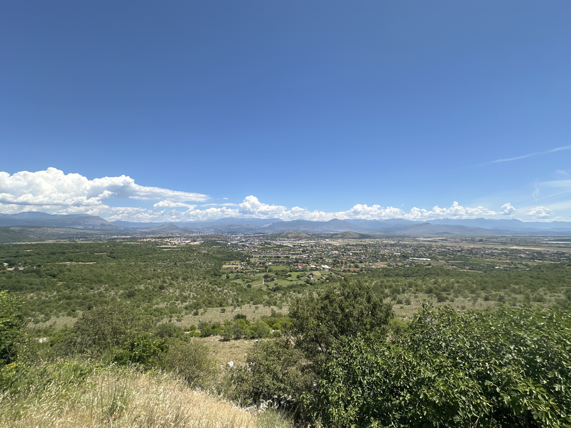 The image captures a panoramic view from an elevated vantage point overlooking the city of Gornji Kokoti, Montenegro, under a bright blue sky dotted with scattered white clouds. The foreground features dry, golden grass and a dense cluster of green trees, suggesting a natural, semi-arid environment. Descending into the midground, the landscape transitions into a vast expanse of low-lying green shrubs and scattered trees, interspersed with the reddish-brown roofs of houses characteristic of a suburban or rural settlement.
Further in the distance, the city of Gornji Kokoti unfolds with a denser concentration of buildings, many with terracotta roofs, spread across a relatively flat terrain. Beyond the city, a range of distant mountains forms the horizon, their peaks softened by atmospheric haze. The overall impression is one of a sunny day in a picturesque, semi-mountainous region. No people or specific actions are depicted in the scene; it is a static landscape view.