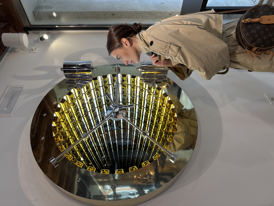 An adult female stands in profile, facing left, observing a large circular art installation. The location is an interior space, specifically identified as the T Fondaco dei Tedeschi department store in Venice, Italy.
The artwork, mounted on a white wall, is a reflective, chrome-like circular structure resembling a bank vault door. Its central portion appears open, revealing a deep, tunnel-like interior filled with numerous small, rectangular, uniformly stacked gold bars that reflect bright yellow light. A polished, four-spoke handle and locking mechanism are prominent on the vault's surface.
The female subject has dark brown hair styled in a bun and wears a tan, high-collared trench coat. A round, brown Louis Vuitton monogrammed handbag with tan leather accents is slung over her right shoulder. She has a small stud earring and an earbud visible in her left ear. Her gaze is directed upwards and to the left, focused intently on the gold-filled vault artwork. The immediate environment includes white walls, a white ceiling with a rectangular vent, and visible spotlights illuminating the scene. A partial view of a window or glass panel is visible on the far right, revealing concrete or stone elements beyond.