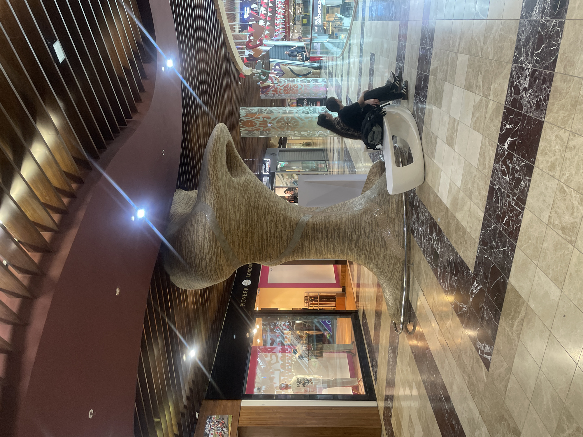 The image depicts the interior of a modern shopping mall with a distinctive architectural style. The ceiling features a curved wooden structure with integrated lighting, creating a warm and inviting ambiance. In the foreground, a large, abstract sculpture made of textured material dominates the space. The floor is a patterned marble mosaic in shades of beige, brown, and white.
To the left of the sculpture, a storefront labeled "PIONEER LONDON" is visible, showcasing mannequins in a retail display. Further into the mall, several other shops and escalators can be seen.
In the mid-ground, a contemporary white bench is positioned near the sculpture. Seated on the bench are two individuals: a male and a female, appearing to be a couple. They are casually dressed, with the female on the left and the male on the right, both facing away from the camera and towards the shops. A backpack rests on the bench between them.
The mall appears to be a lively commercial space, as indicated by the presence of shops and shoppers in the background, though the main focus of the image is the sculpture and the individuals seated on the bench.
The image was taken in the city of Saint Petersburg, Russia.