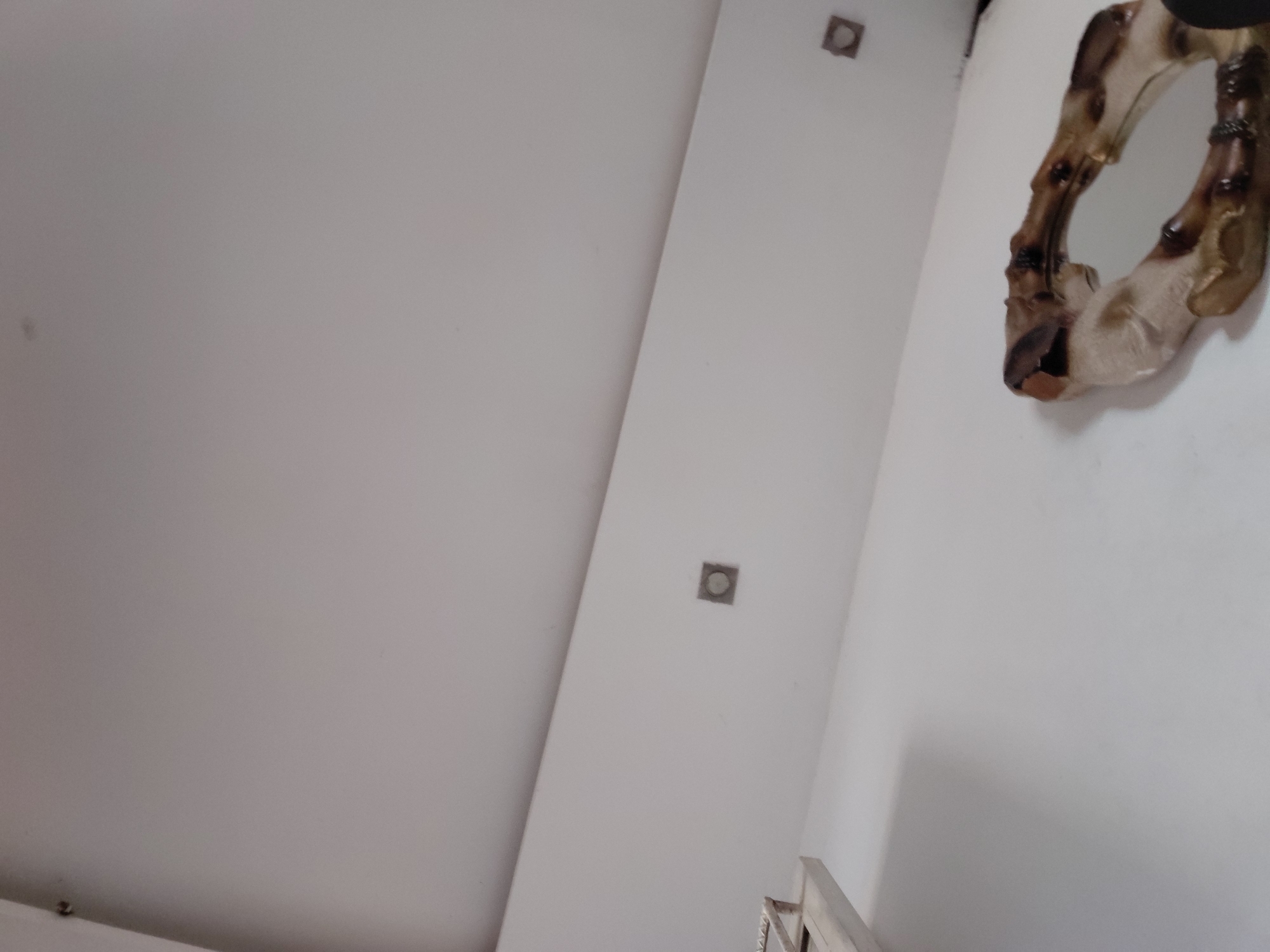 The image captures an indoor architectural scene, primarily composed of white or off-white walls and a ceiling, viewed from a low, upward-angled perspective. A distinct diagonal line cuts across the frame, indicating the intersection of two architectural planes, likely a wall and a ceiling or two walls forming a corner.
Two square, recessed light fixtures are visible, appearing dark against the light surfaces. One is situated higher up on what seems to be a ceiling or upper wall, and the other is positioned lower down on a vertical wall surface.
A notable subject is a decorative object mounted on the far right wall. This object is irregularly shaped, with a textured, organic appearance, rendered in tones of brown and off-white. It resembles a rustic or naturalistic mirror frame, a piece of carved wood, or a similar art piece, characterized by its gnarled, somewhat organic form.
In the bottom right corner, a small portion of a light-colored structure, possibly a railing or furniture piece, is visible. The space is brightly and evenly lit, suggesting either artificial lighting or diffuse natural light, with no harsh shadows. The overall aesthetic is clean and minimalist, dominated by neutral colors. No people or text are present in the image. The scene is static, showcasing an interior space.