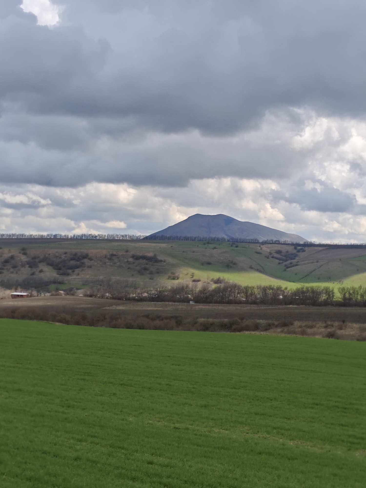 The image shows a landscape with a large green field in the foreground. Behind the field, there's a line of vegetation and a low-lying area. In the mid-ground, there are rolling hills with patches of green and bare trees, with a few buildings visible. In the background, a prominent, conical mountain dominates the scene, set against a cloudy sky. The scene appears to be in the city of Юца, Russia.