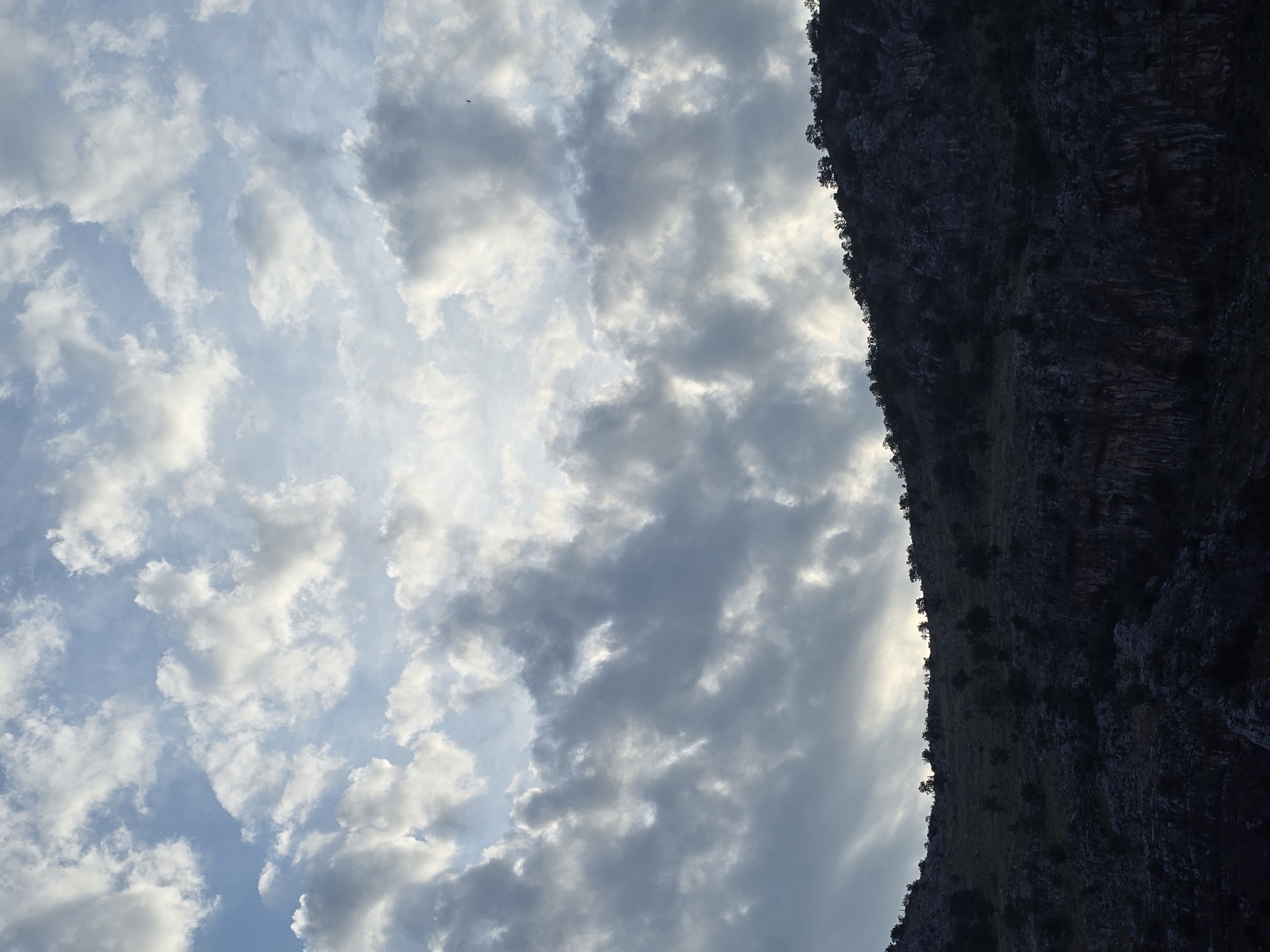 The image shows a view of a rocky, vegetated hillside under a cloudy sky. The hillside is dark and appears to be a mountain or large incline, covered with sparse trees and shrubs, with jagged rock formations visible in the foreground. The sky above is filled with a mix of bright white and darker grey clouds, with patches of blue sky peeking through. The light suggests it is either sunrise or sunset. There are no people or man-made structures visible in the frame. The scene is likely a natural landscape, possibly on the outskirts of Podgorica, Montenegro, given the mountainous terrain characteristic of the region.