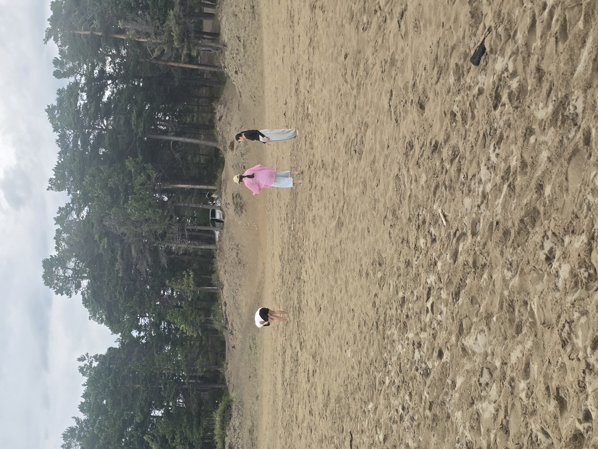 The image depicts a sandy beach with sparse vegetation in the background. Three individuals are present on the beach. One person, wearing a white top and dark shorts, is bent over, facing away from the camera. Two other individuals stand further in the distance. The person on the left is wearing a pink top, light blue pants, and a light-colored hat. The person on the right is wearing a black top and light gray pants. Behind them, a line of evergreen trees forms the backdrop, suggesting a forested area adjacent to the beach. The ground is covered in sand with visible footprints and some scattered debris. The sky is overcast. The scene is consistent with the natural landscapes found around Lake Baikal, where Goryachinsk, Russia is located.