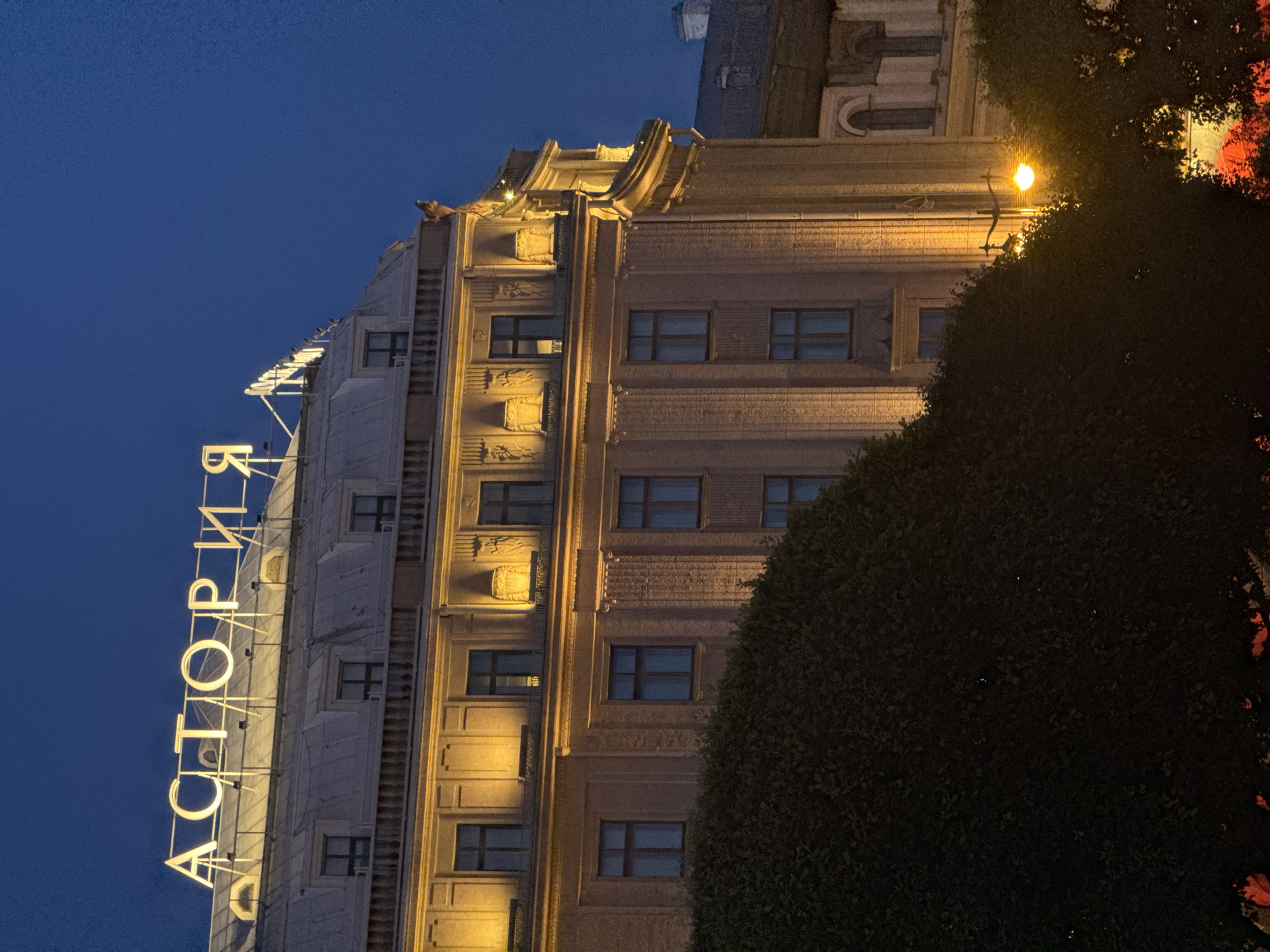 The image shows a nighttime view of the Astoria Hotel in Saint Petersburg, Russia. The hotel is illuminated by warm yellow lights, highlighting its architectural details, including columns and ornate carvings. A large, dark green hedge is in the foreground, partially obscuring the lower floors of the building. Above the hedge, several windows are visible, and at the very top of the building, illuminated letters spelling out "АСТОРИЯ" (Astoria) are clearly visible against the dark blue night sky. A lamppost with a bright orange light is also visible to the right of the hedge, peeking through the trees. The overall scene depicts a grand, historic hotel at dusk.