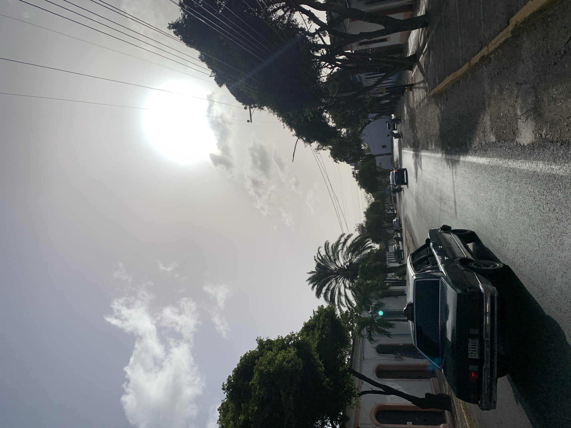 The image captures a street scene in Tacarigua, Venezuela, under bright daylight. An asphalt road, appearing reflective as if wet, stretches through the frame. On the right side of the road, a dark, older-model sedan is parked, its rear visible with the license plate "12AA4OO" clearly legible. Further down the street, other vehicles, including cars and motorcycles, can be seen.
The street is flanked by lush green trees, including several tall palm trees, and buildings featuring white or light-colored facades with arched windows and doorways, suggesting a traditional or colonial architectural style. Numerous utility lines are strung across the sky in the upper portion of the image.
The sky is bright with scattered white clouds, and a prominent sun flare dominates the upper left, indicating strong, high sunlight, likely midday or early afternoon. Long shadows are cast across the road and buildings from the trees and parked vehicles. The scene depicts a quiet moment of daily life within the town, with no specific human activity discernible beyond the presence of vehicles.