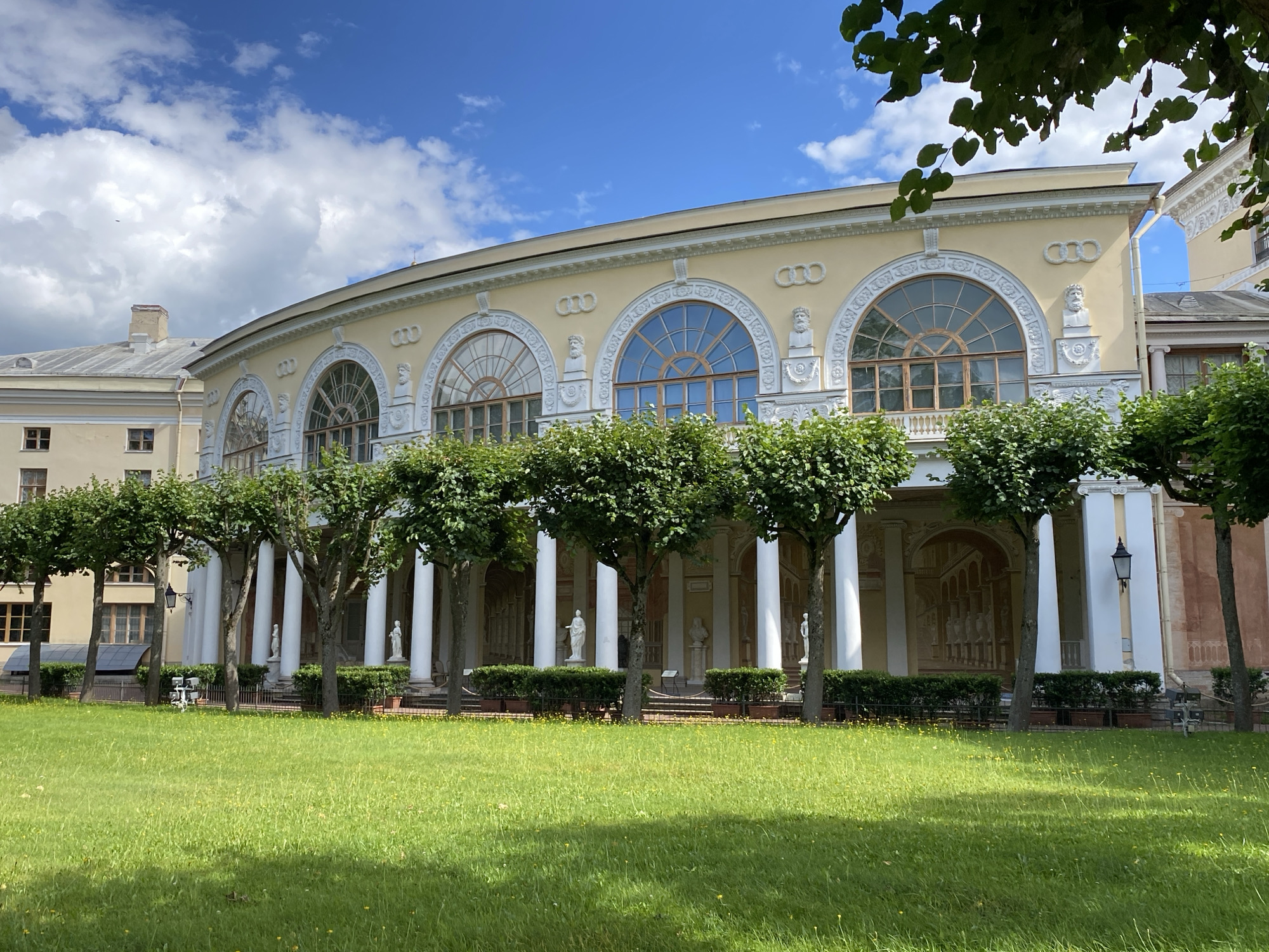 This is a photograph of the Pavlovsk Palace, located in Pavlovsk, Russia. The image shows a section of the palace's grand facade, characterized by its curved shape and light yellow exterior. A row of tall, white classical columns supports an arched colonnade. Behind the columns, arched windows with wooden frames are visible. Decorative elements, including sculpted heads and circular motifs, adorn the upper portion of the building.
In front of the colonnade, a neatly trimmed hedge runs along the base of the structure. Several statues of classical figures stand in niches behind the hedge and columns. Lined up in front of the colonnade are several evenly spaced, mature trees with round, dense canopies, which appear to be sculpted.
A wide expanse of vibrant green lawn fills the foreground of the image. The grass is short and well-maintained, with scattered small yellow wildflowers. Sunlight casts dappled shadows across the lawn. The sky above is a bright blue, dotted with fluffy white clouds. In the background, to the left, another building connected to the palace, also in a light yellow hue, can be seen with multiple windows. The overall impression is one of stately architecture and manicured landscaping under a clear, sunny sky.