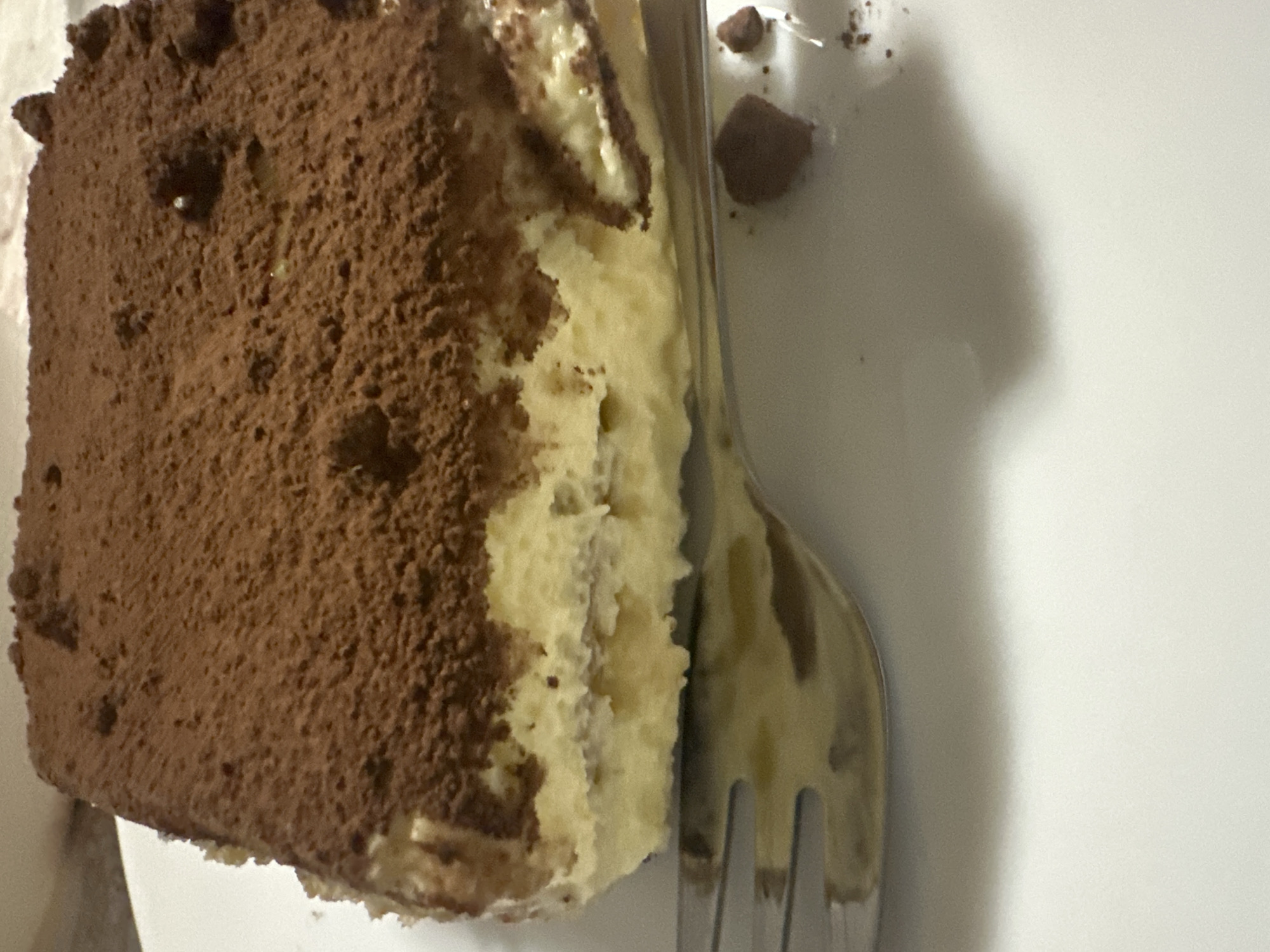 A close-up, elevated, still-life shot shows a partially eaten piece of tiramisu on a white plate. A silver fork rests against the side of the cake. The tiramisu is heavily dusted with cocoa powder on top, revealing layers of cream and cake within. A small chunk of cocoa-dusted cake sits on the plate next to the cake. The image is likely indoors under artificial lighting. Location information (Varna, Bulgaria) is not ascertainable from the image content.