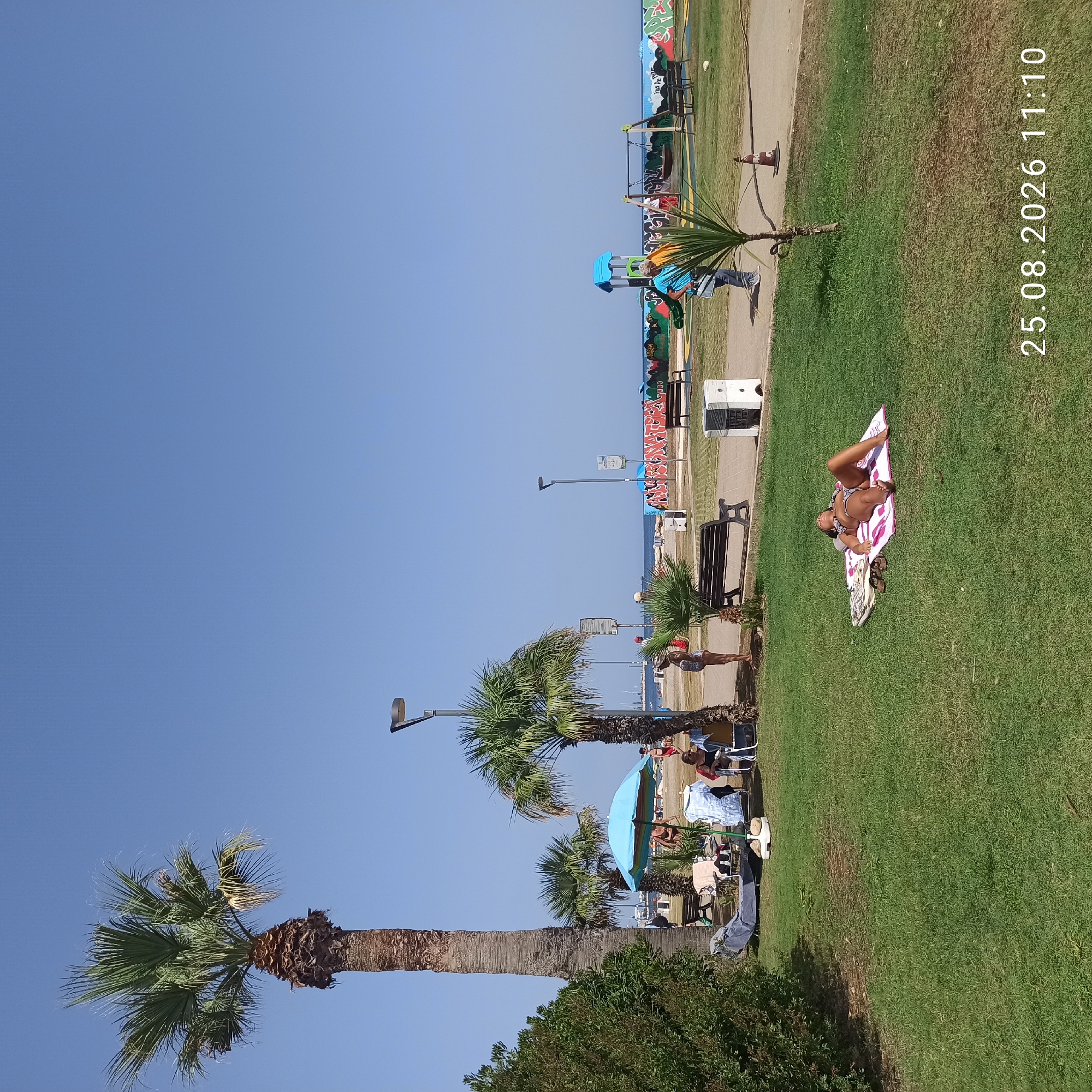 The image shows a sunny day at a beachside park in Bari, Italy, as indicated by the date stamp "25.08.2026 11:10". In the foreground, a woman is sunbathing on a pink and white towel on a green grassy lawn. She is lying on her back, wearing a patterned bikini. A pair of sandals are placed next to her towel.
Behind her, a path separates the grassy area from a beach with a playground and a graffiti-covered wall. Several palm trees are visible throughout the scene. To the left of the image, a large palm tree stands tall, with green foliage against a clear blue sky. Near the center, a smaller palm tree is positioned next to a blue and yellow striped umbrella, which provides shade for two chairs.
In the background, people can be seen walking and relaxing. A playground with a slide and swings is situated in front of the graffiti wall. Further in the distance, the sea is visible under a bright sky. The overall scene depicts a relaxed atmosphere at a public recreational area by the coast.