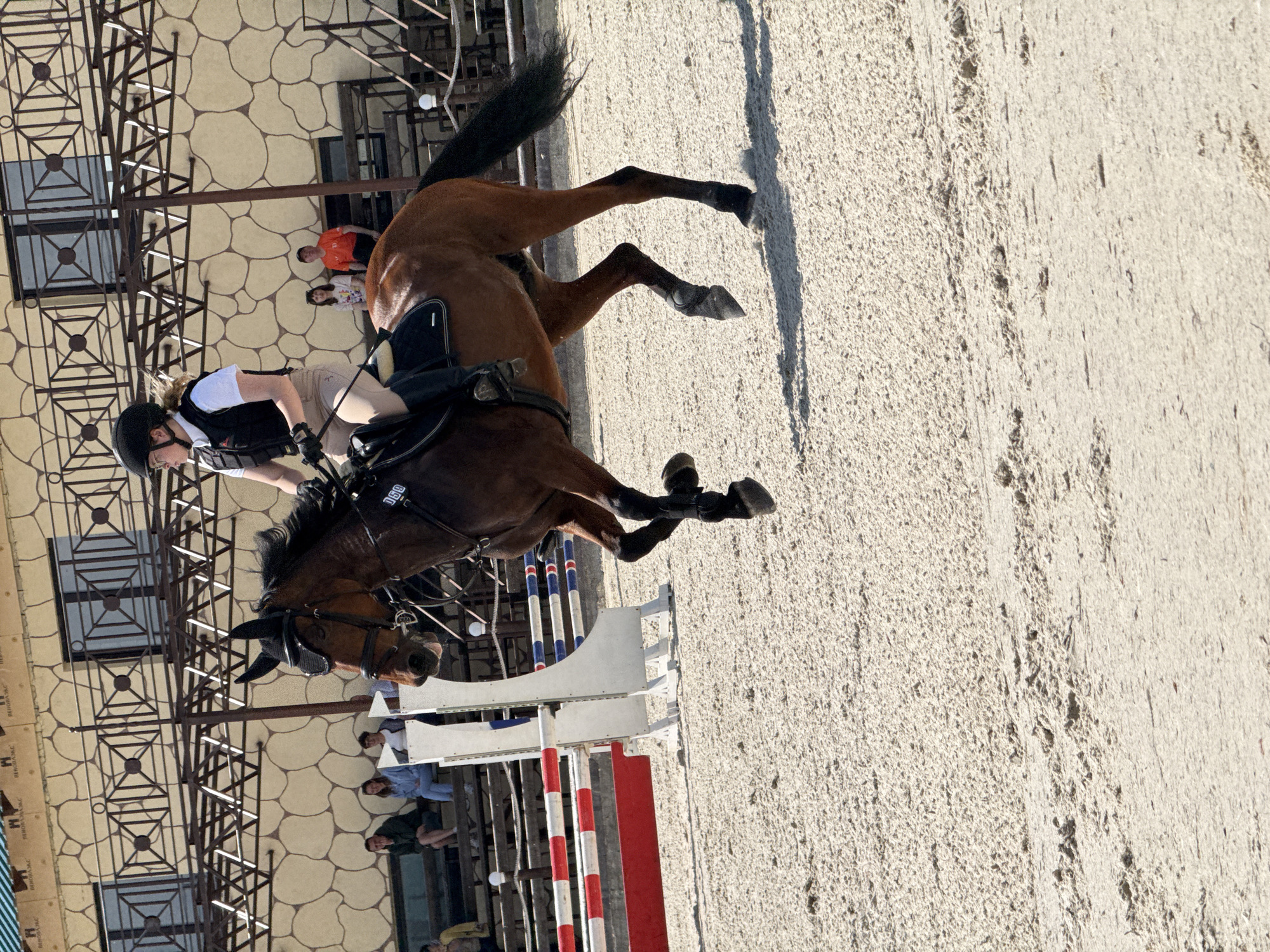 A rider on a brown horse is in mid-air, leaping over a jump. The rider is wearing a black helmet, a white shirt, and a dark vest. The horse is wearing a bridle and saddle. The jump consists of two white standards with red and blue bars. The event is taking place in an outdoor arena with a sand surface. In the background, there are spectators sitting on bleachers and a building with a stone facade. The scene appears to be at a farm or equestrian facility in the city of Fermo, Russia, given the context provided.