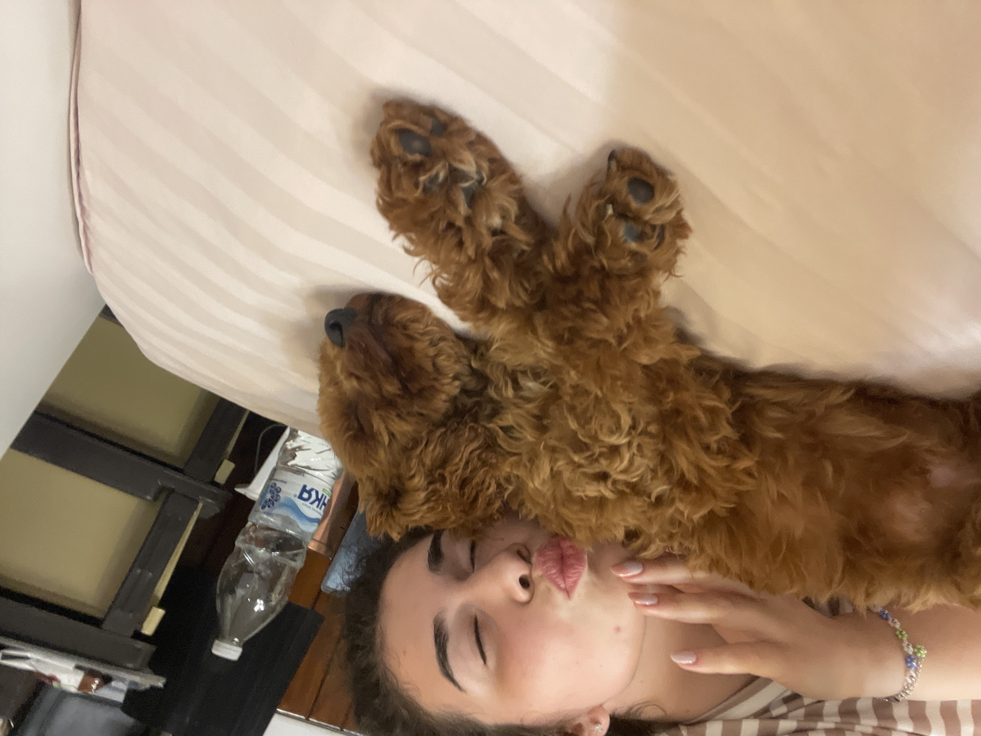 The image depicts a young adult female and a small dog, both resting on a bed in an indoor setting within Sofia, Bulgaria. The female, positioned on her back with her head turned slightly to her left, has dark, curly hair and closed eyes, with her lips pursed in a pouting expression. Her left hand, featuring manicured nails with light polish and a beaded bracelet with blue, green, and white beads, is resting near her neck. A subtle earring is visible in her left ear. Adjacent to her, a small dog with dense, curly, reddish-brown fur lies on its back, also with closed eyes, its head near the woman's face. Dark paw pads are visible on the dog's feet. The bed is covered with a light-colored sheet displaying subtle horizontal stripes. In the background, to the right, a dark piece of furniture, likely a nightstand, holds a clear plastic bottle of "Devin" mineral water, identifiable by the Cyrillic text "НКЯ" and characteristic branding, consistent with a location in Bulgaria. Other indistinct items are also present on the furniture.