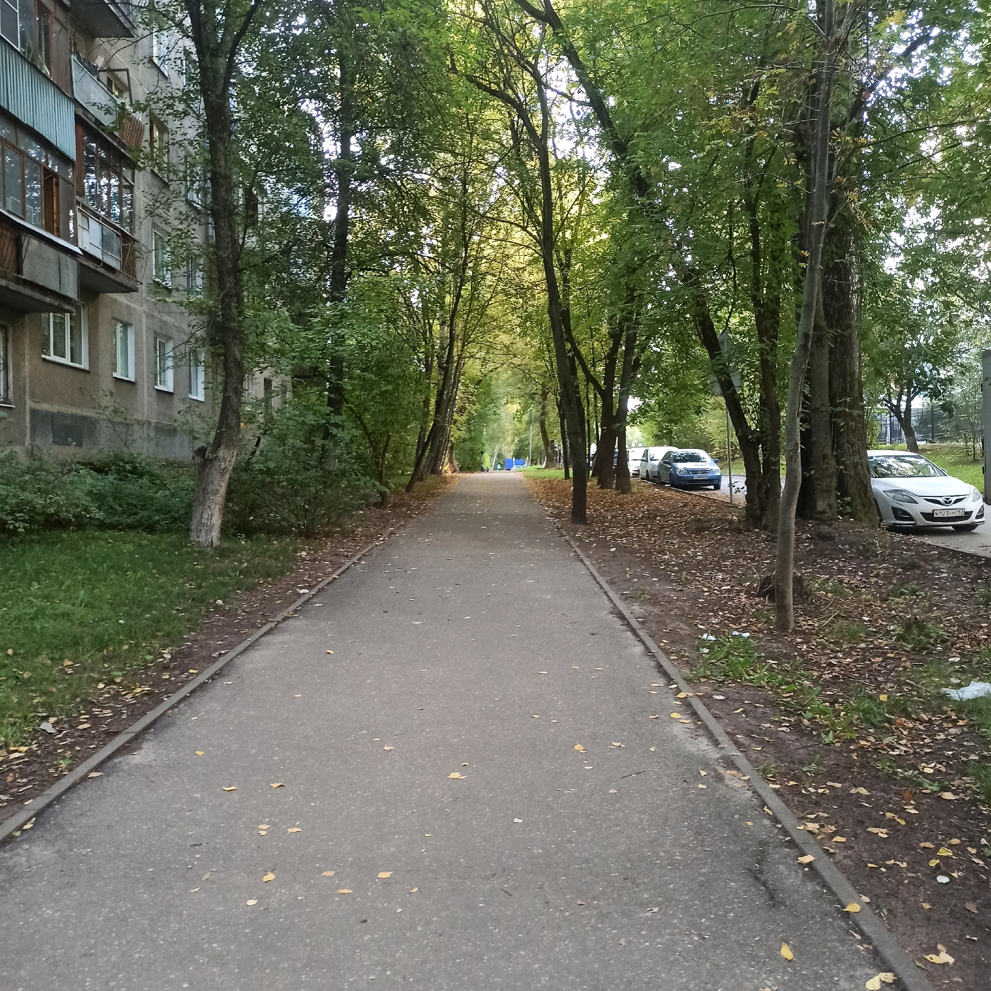 The image depicts a paved walkway lined with trees on both sides, creating a tunnel-like effect. To the left, a multi-story residential building with balconies is visible, showing signs of wear. The walkway is covered with fallen leaves, suggesting an autumn season. Several cars are parked along the right side of the walkway, including a white sedan with a visible license plate. In the distance, the walkway continues and appears to lead towards a more open area with some blue structures. The overall impression is a typical urban environment with green spaces within a residential district. The license plate on the white car, "K123VP 152", indicates it is registered in Russia. Given the architectural style of the building and the commonality of this type of urban planning in Russia, it is plausible that this scene is located in a city like Nizhny Novgorod, Russia, which has numerous residential areas with similar features.