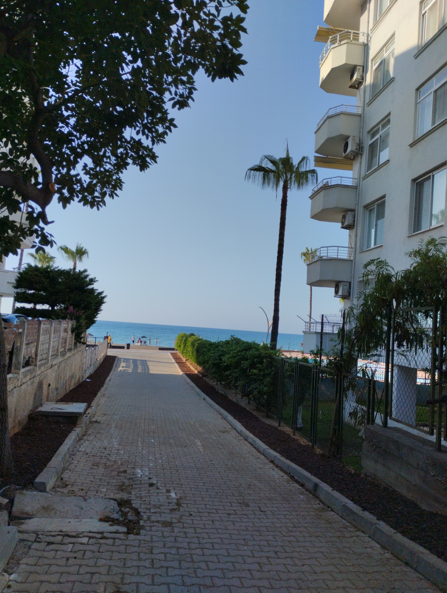 The image depicts a pedestrian walkway paved with interlocking bricks, leading towards a bright blue body of water, presumably the Mediterranean Sea, under a clear blue sky. A multi-story white building with balconies is visible on the right side of the walkway. The building has several air conditioning units mounted on its exterior walls. On the left side of the walkway, a textured wall is visible, partially obscured by the dark leaves of a large tree in the foreground. Beyond the wall, a car is parked. Further down the walkway, a line of green bushes borders the path, and in the distance, a few people are standing near the shoreline, some appearing to be wading in the water. A tall palm tree stands between the building and the sea, its fronds extending upwards. The overall scene suggests a sunny day in a coastal area. The context provided identifies the location as Mezitli, Turkey.