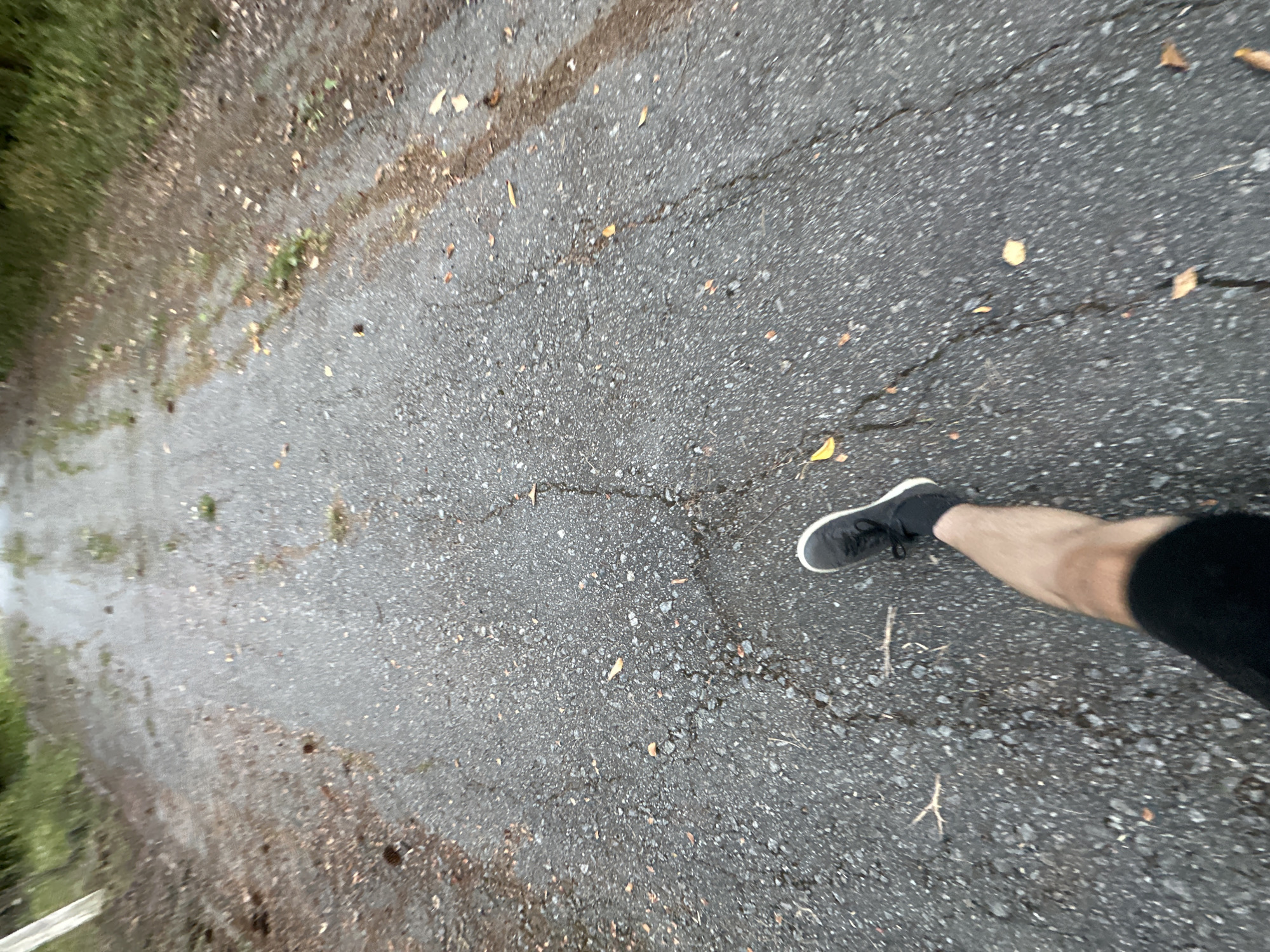 The image shows a first-person perspective of someone walking on a cracked asphalt path in Makiv, Ukraine. The path is wet and appears to be surrounded by vegetation and trees. There are fallen leaves and twigs scattered on the path. One leg wearing black shorts and a black sneaker is visible in the lower right portion of the frame. The overall scene suggests an outdoor, natural environment, possibly a park or a rural road, after a rainfall.
