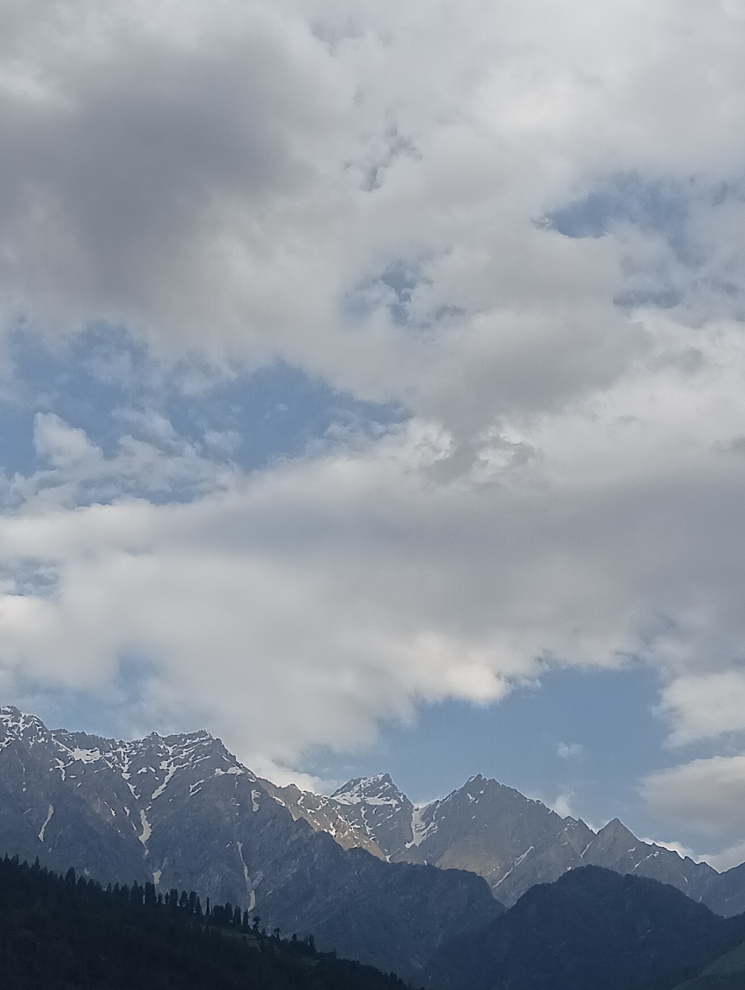 The image depicts a wide mountain range with snow-capped peaks under a cloudy sky. The foreground is dominated by dark, densely packed trees, forming a sharp contrast with the lighter, rugged mountain slopes above. Patches of snow are visible on the upper portions of the mountains, interspersed with darker rock faces. The sky is filled with a mixture of white and gray clouds, with glimpses of blue sky visible through the gaps. The overall scene suggests a natural, mountainous environment, likely in a region with variable weather conditions. The specific location is Vashisht, India.