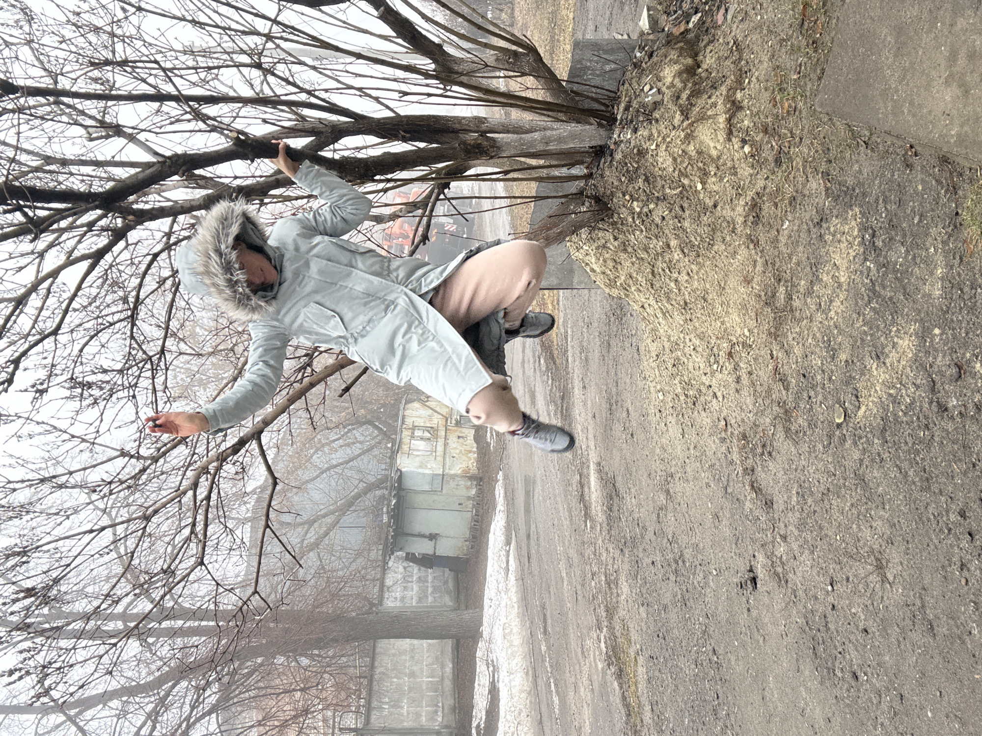 A person wearing a light-colored winter coat with a fur-trimmed hood, pink pants, and gray sneakers is suspended from the branches of a bare tree in a park. The tree is located adjacent to a concrete retaining wall. In the background are other trees without leaves, a gray, rectangular building, and a patch of snow on the ground. The photograph appears to have been taken on a cloudy day in Ulyanovsk, Russia. The person is gripping the branches with both hands and appears to be in mid-air, with their legs bent at the knees. The ground is a mix of dirt and pavement.