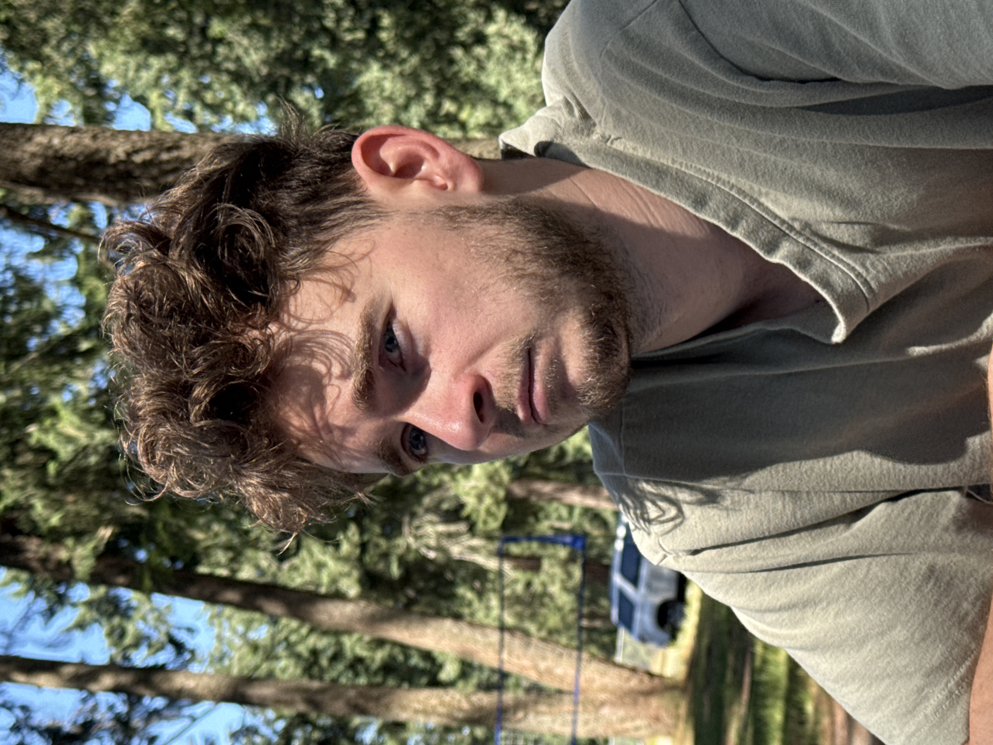 The image is a close-up, outdoor portrait of a young Caucasian male with medium-length, curly brown hair and a light beard. He is wearing a light green t-shirt and is looking off to his left with a pensive expression. The background is blurred but shows a park-like setting with tall trees and foliage under a bright blue sky. A volleyball net and a white SUV are visible in the background. The lighting suggests it is daytime.