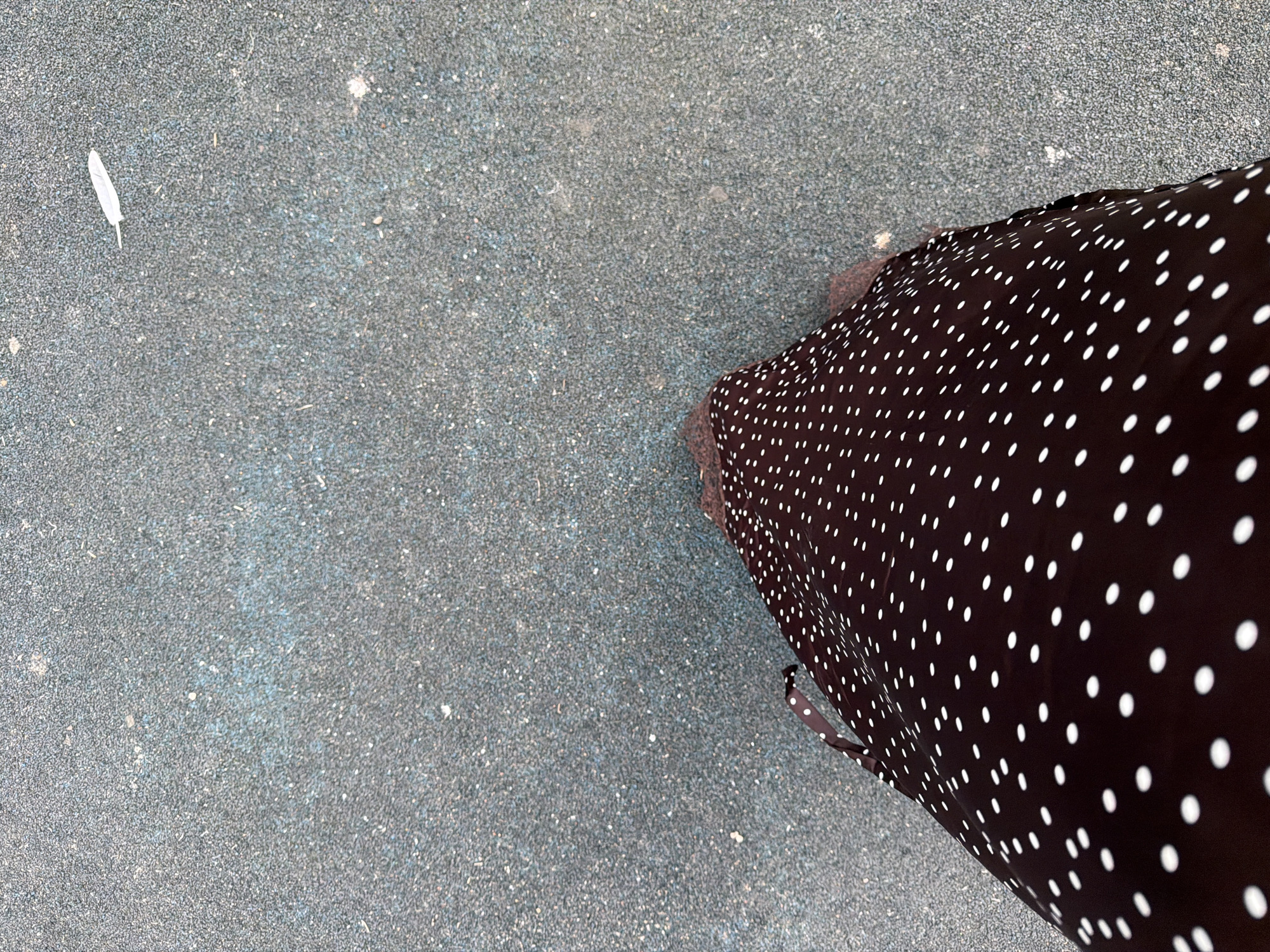A top-down shot shows a section of a dark brown dress with white polka dots. The dress is on the right side of the frame, and its fabric is gathered, with a small dark ribbon hanging from it. The dress is on a coarse, greyish-blue textured surface, possibly asphalt or rubberized playground surfacing. To the left of the dress, on the same surface, is a small, white feather. The lighting suggests it is daytime, and the weather appears to be overcast or the image is taken in shade, as there are no strong shadows. The scene is minimalist, focusing on the texture of the ground and the pattern of the dress and feather. There is no visible text in the image.