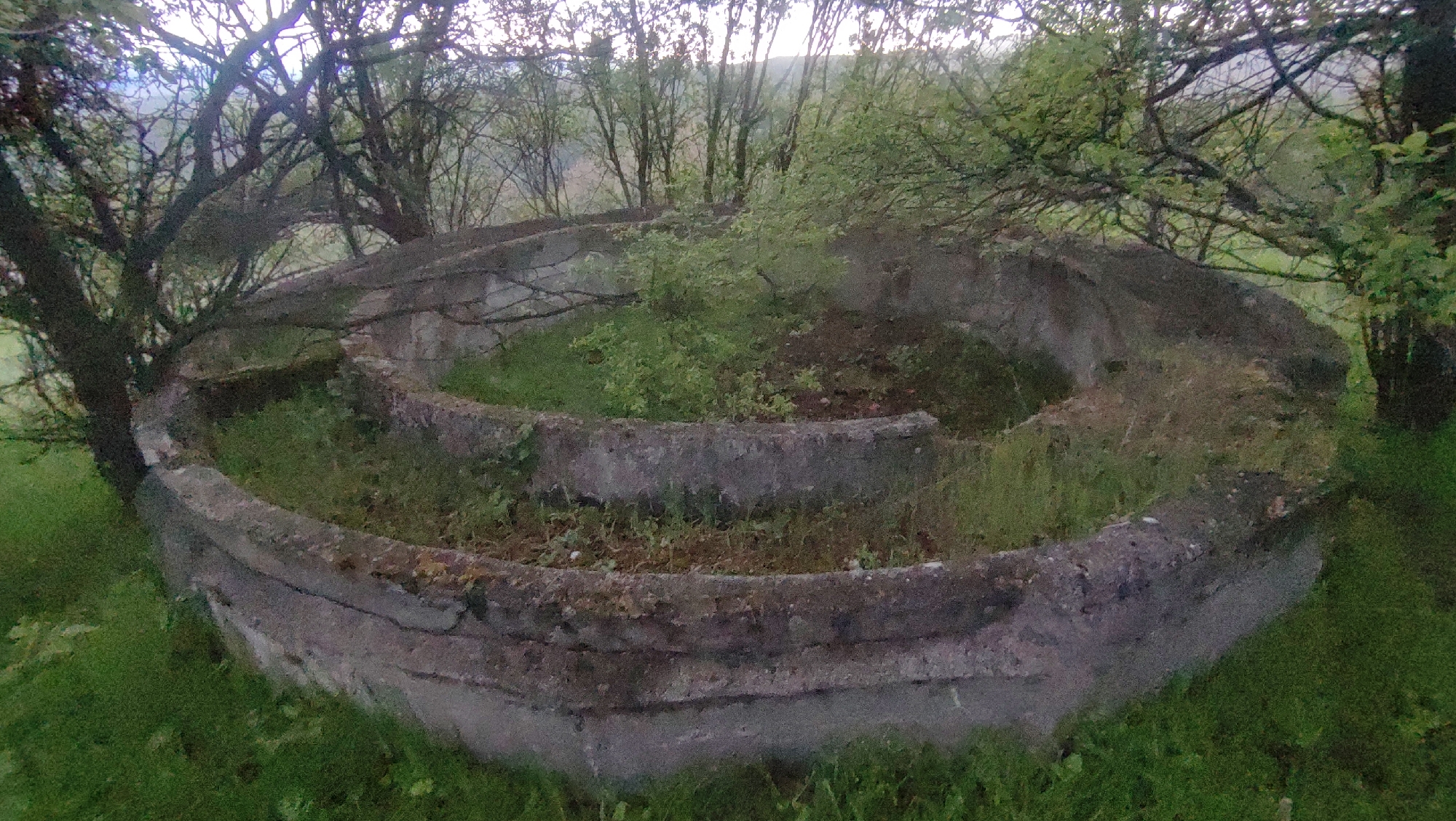 A low-angle, medium-distance shot shows a circular, concrete structure overgrown with grass and small plants. The structure consists of two concentric rings. It is located outdoors, surrounded by trees, green grass, and plants. The location is Gutsal, Bulgaria.