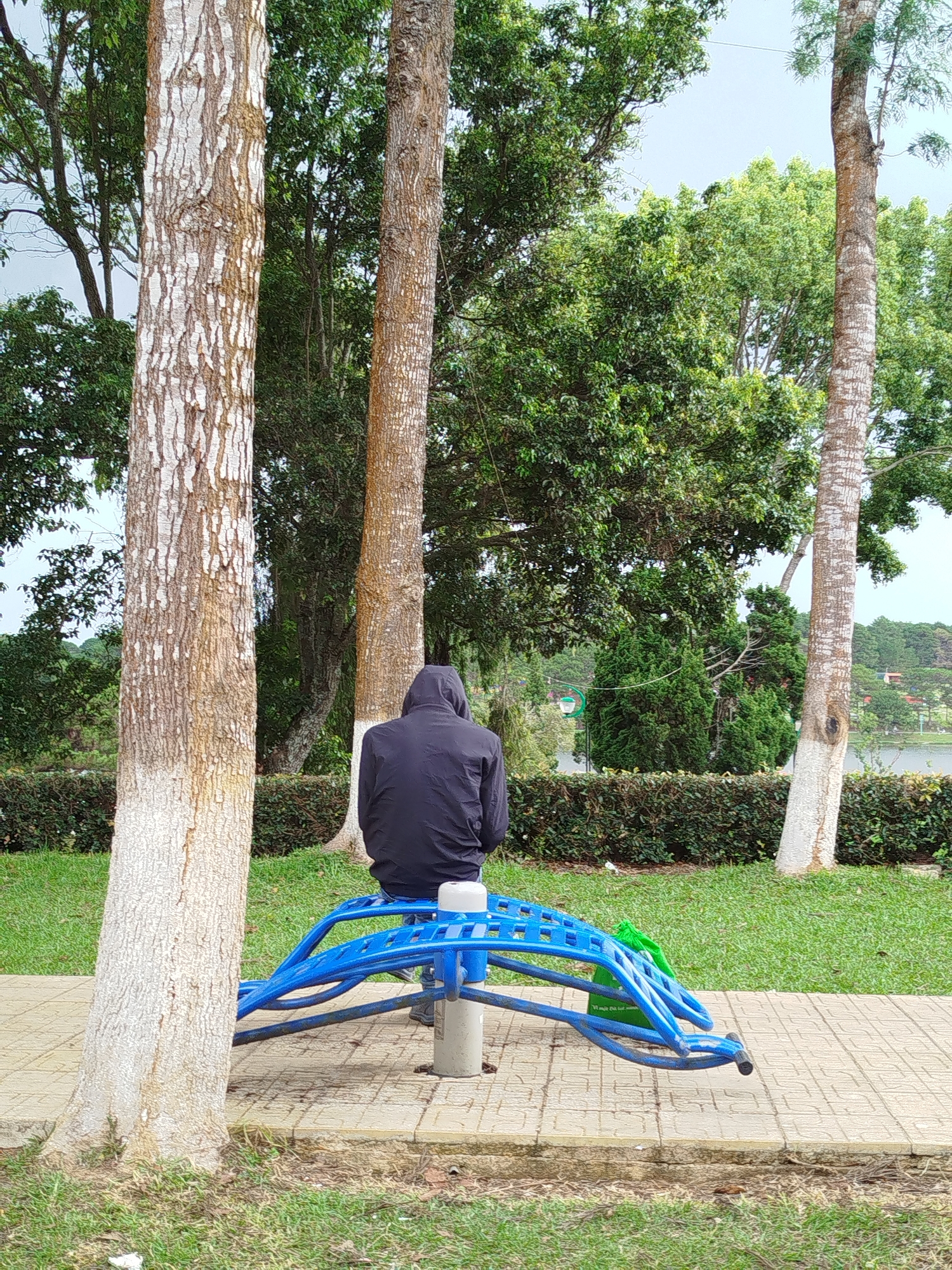 A medium shot depicts a person sitting on a blue playground structure, likely in Da Lat, Vietnam, based on the presence of specific tree types common to the region. The person is wearing a dark jacket with the hood up, obscuring their face. They are seated on the equipment, with a green bag or object placed on the ground near it. The playground is situated on a tiled walkway surrounded by a green lawn and trimmed hedges. Three trees with partially white-painted trunks frame the scene. Behind the hedges and trees, the edge of a lake and additional greenery are visible. The sky appears overcast.