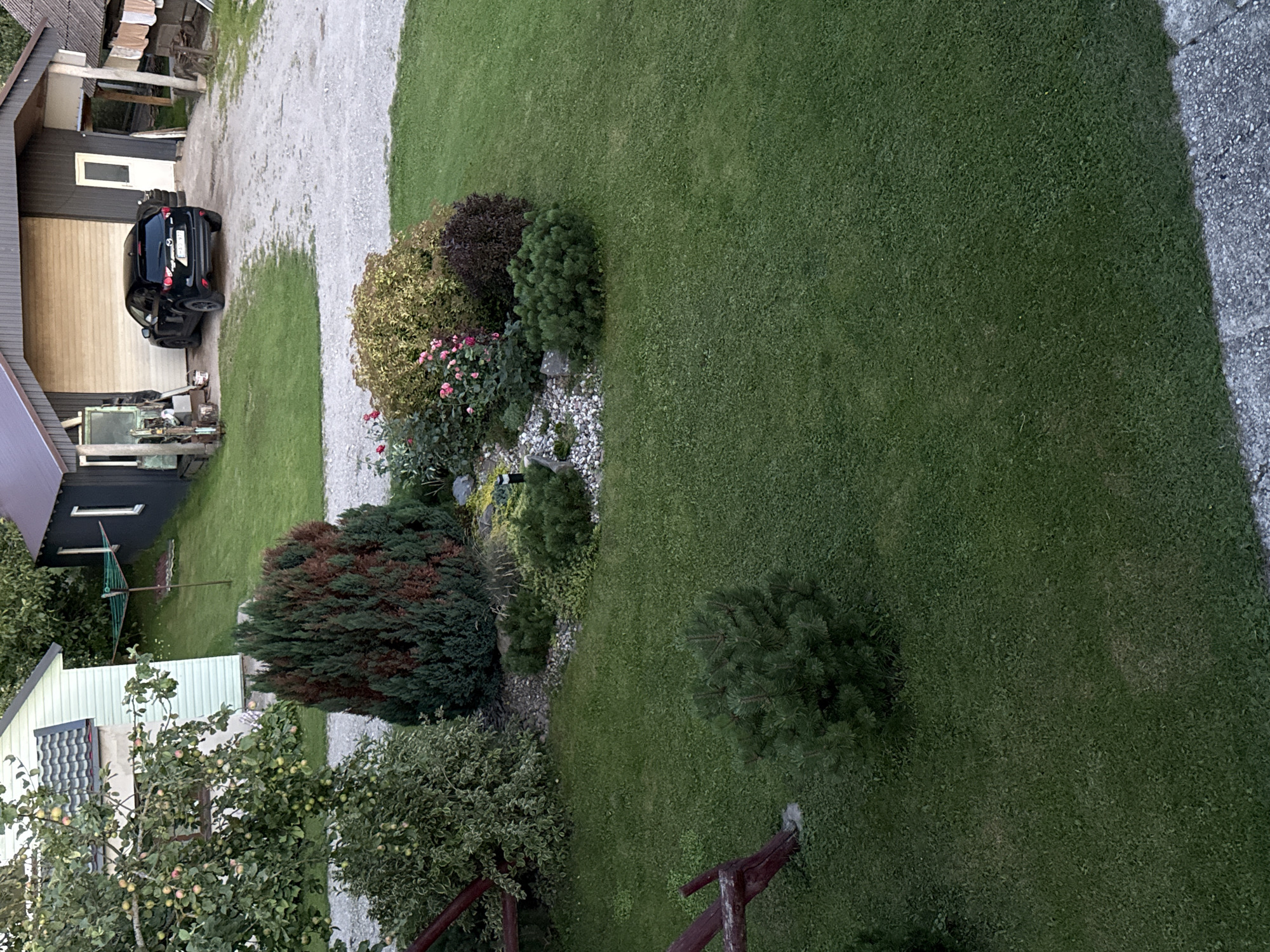 The image shows a residential property in Vikraičiai, Lithuania. A black SUV is parked in front of a dark-colored garage with a light-colored roll-up door. To the left of the garage is a light-colored house with a grey roof. The yard is primarily covered in green grass, with several landscaped garden beds featuring various shrubs and plants, including pink roses and a conifer tree. A wooden swing set is visible on the left side of the yard. In the background, a clothesline with laundry is set up on a green lawn between two buildings. The overall scene depicts a well-maintained outdoor living space.