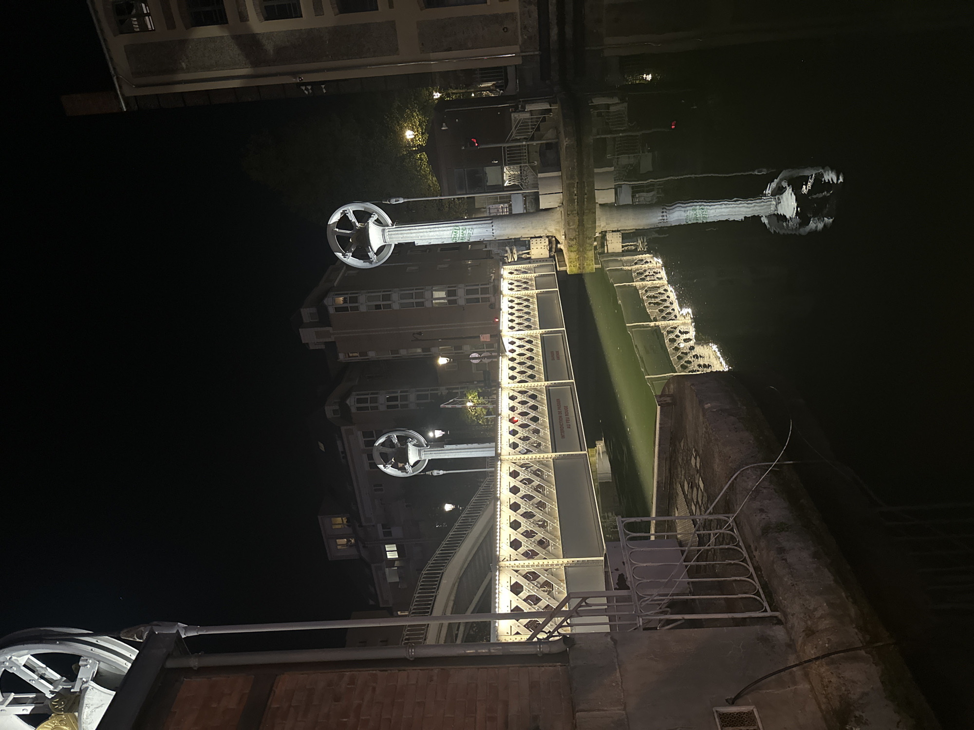 The image shows the Passerelle Simone-de-Beauvoir in Paris, France at night. The bridge is illuminated and reflected in the water below. The bridge has a distinctive steel and glass design, and the image captures its geometric patterns. There is greenery along the riverbank and buildings are visible in the background. The camera appears to be positioned at a low angle, emphasizing the bridge's height and scale.