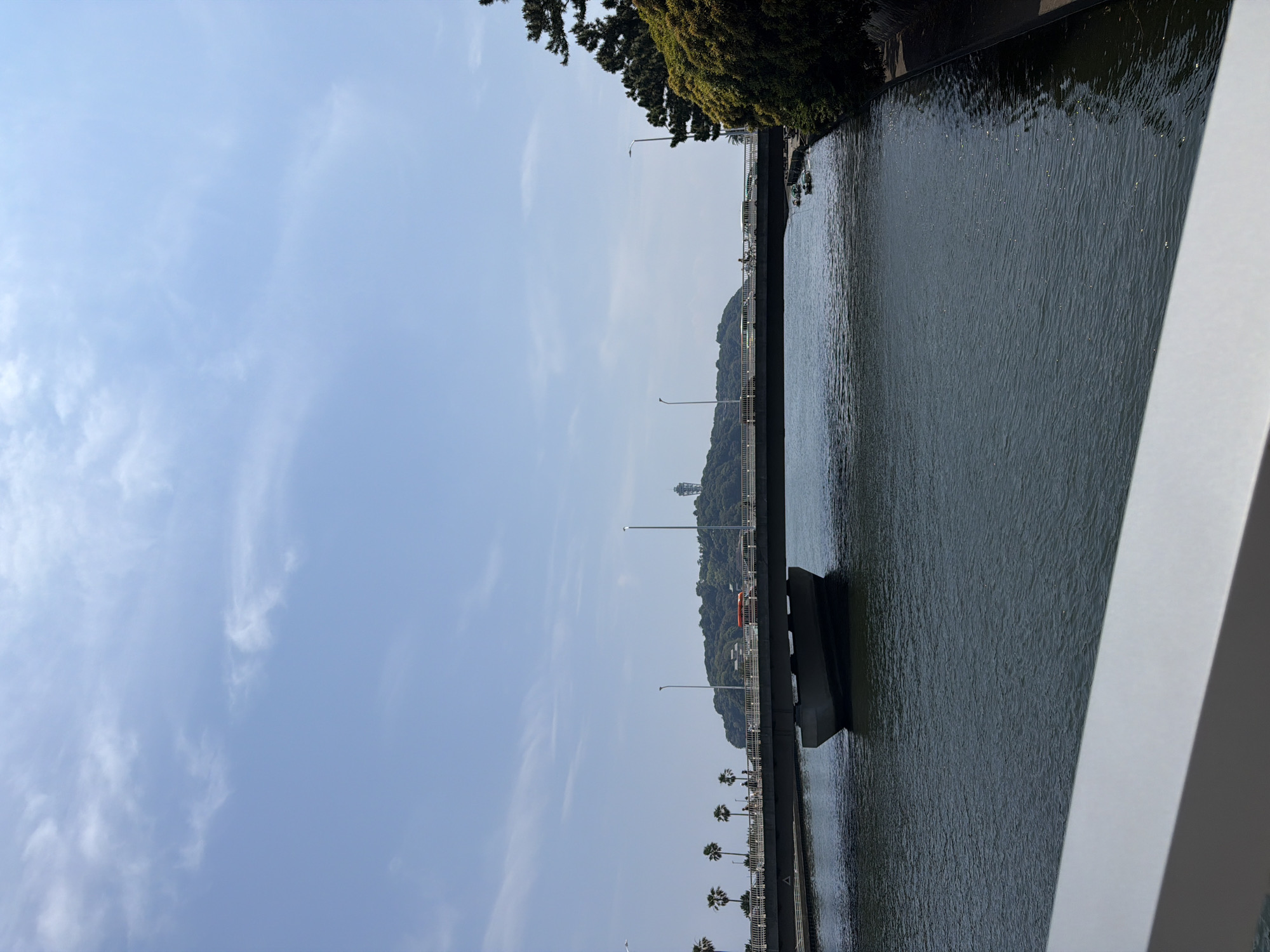 This is a daytime, eye-level shot of a bridge over a body of water, likely in Fujisawa, Japan, possibly near the Enoshima Bridge which connects the mainland to Enoshima island. The sky is a clear blue with scattered white clouds. A long, multi-lane bridge with railings spans across the frame, supported by substantial concrete piers. People are visible walking and cycling on the bridge's pedestrian walkway. Cars are also driving on the bridge, including a bright red vehicle that stands out.
In the distance, a green, tree-covered island with a prominent tower at its summit is visible. To the right of the frame, lush green trees and foliage line the bank of the waterway. In the foreground, the surface of the water is dark with ripples, reflecting the light. A partially submerged structure, possibly part of the bridge's foundation or a submerged boat, is visible beneath the bridge. The bottom of the image features a white railing, suggesting the photo was taken from another elevated vantage point.