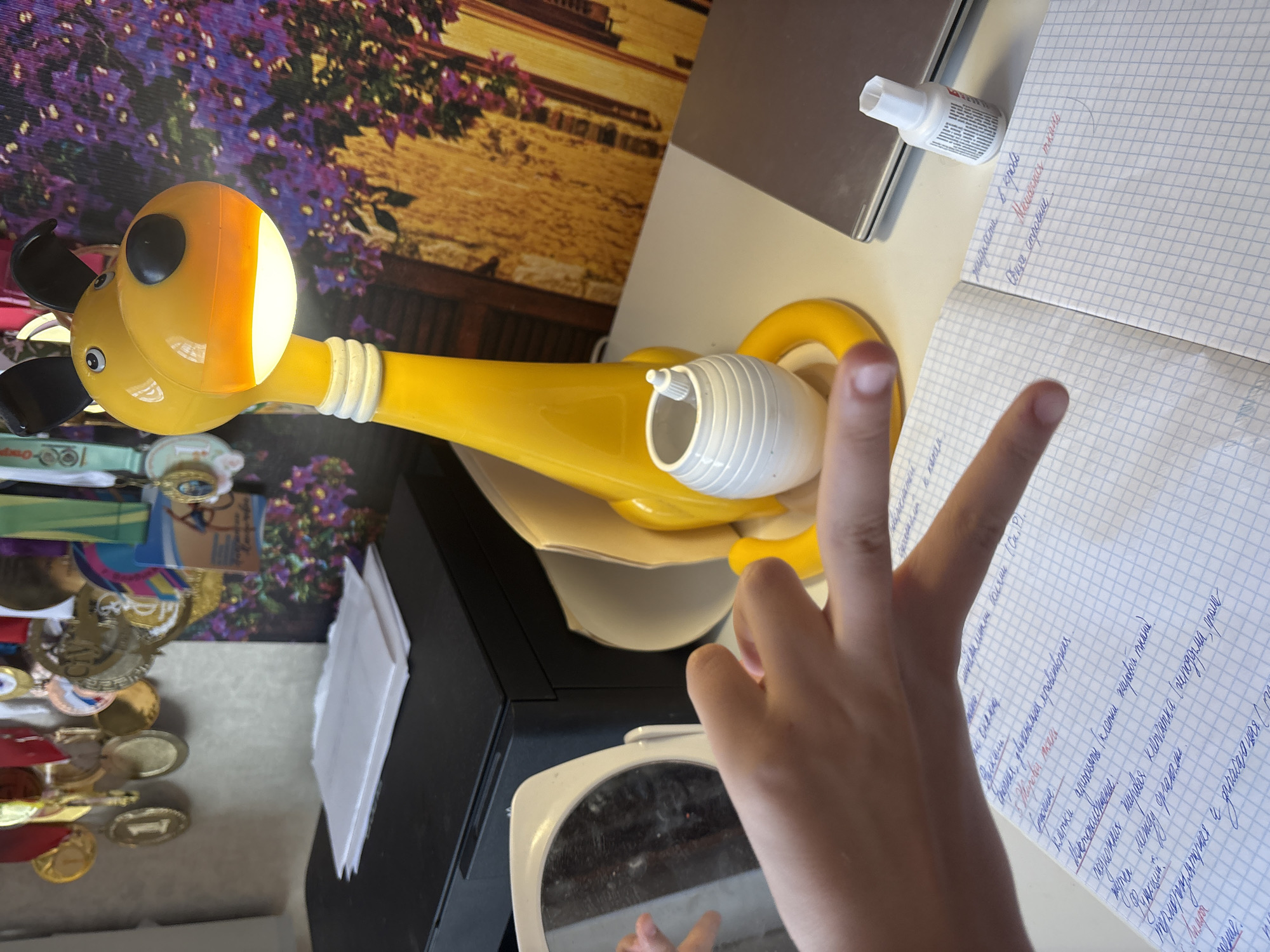 The image shows a desk with a notebook, a yellow dog-shaped lamp, and other objects. A person's hands are visible, with one hand pointing at the notebook. The notebook has handwritten text in Russian. The background includes a wall with medals and a picture. The overall scene suggests a study or workspace. There is no indication of the city of Georgiyevsk, Russia, or any specific location.