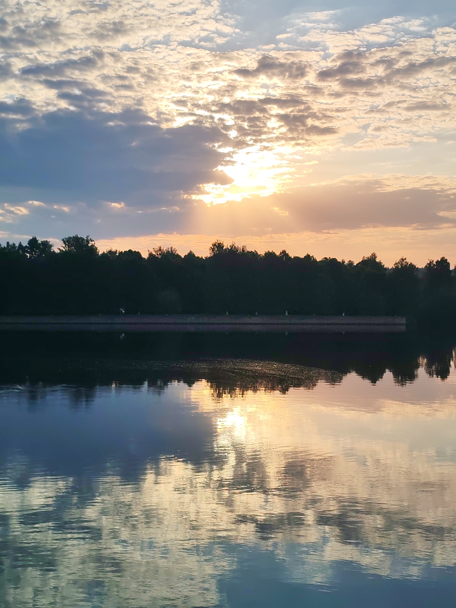 The image depicts a serene landscape at what appears to be either sunset or sunrise, reflected in a body of water. The upper portion of the image shows a sky with a mixture of light and dark clouds, with the sun's rays peeking through them.
Below the sky, there is a line of trees, silhouetted against the bright sky. Below the trees, what appears to be a man-made structure.
The bottom half of the image is dominated by the reflection of the sky and the trees in the water, creating a symmetrical effect. The water surface is slightly rippled, distorting the reflection.
Based on the information provided, the location is Ermolino, Russia.